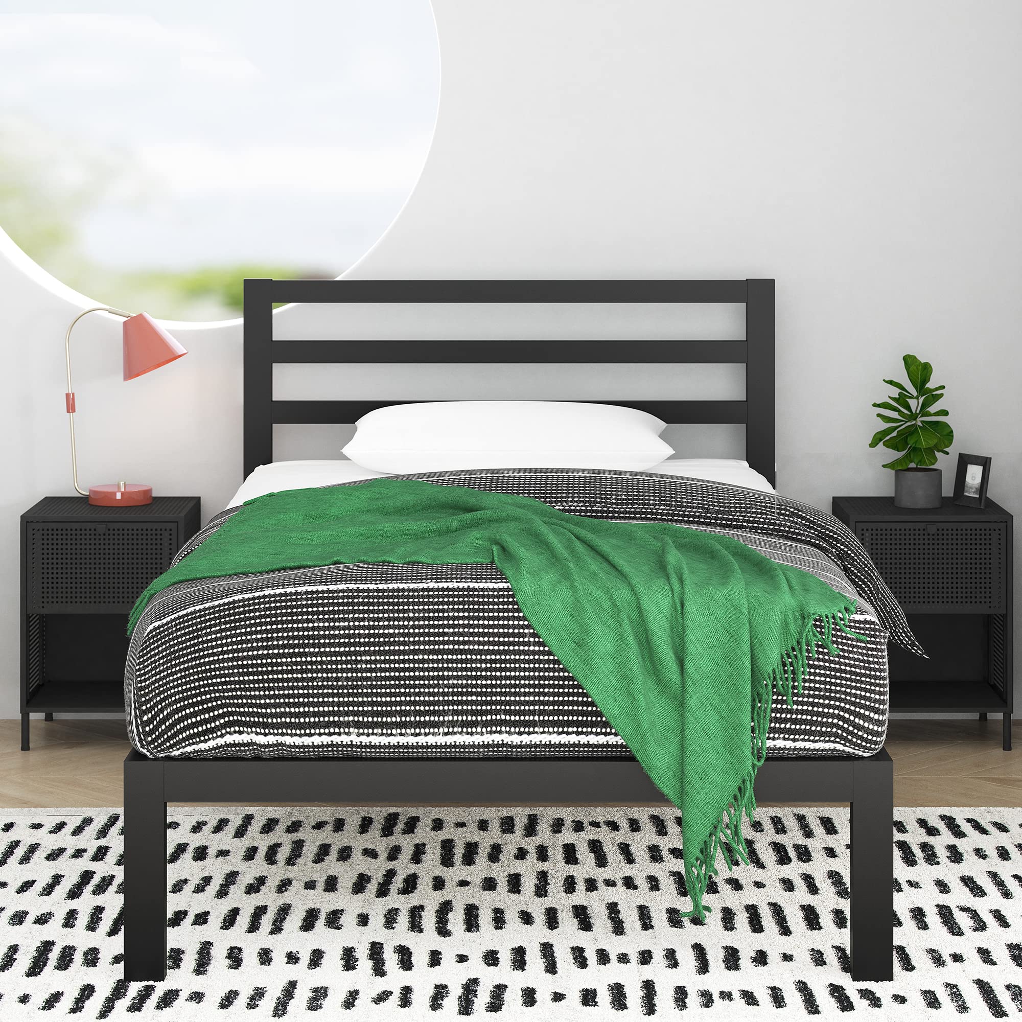 Zinus Mia Metal Platform Bed Frame with Headboard, Wood Slat Support, Twin, Black