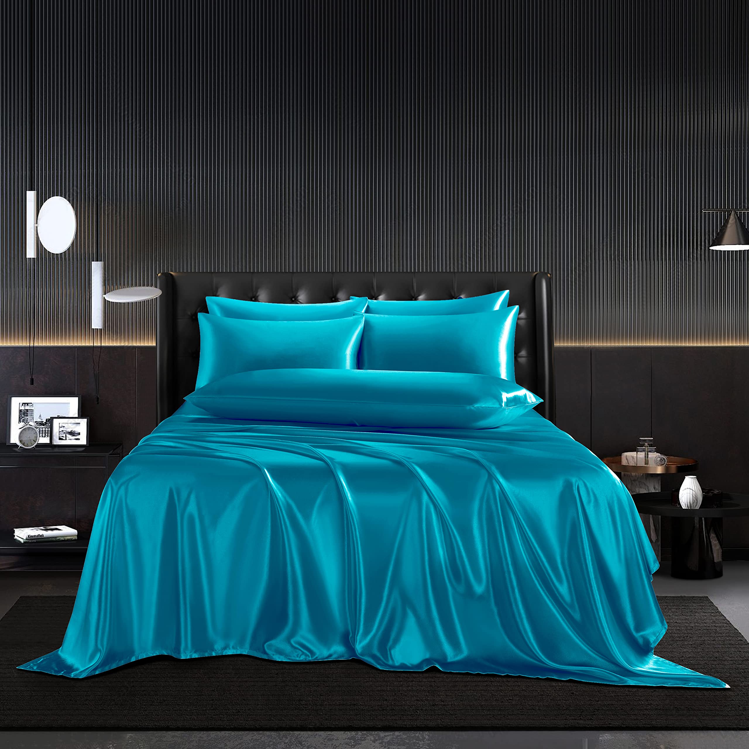 Hommxjf 5Pcs Lake Blue Silky Satin Sheets Queen Satin Sheets Set Queen Size Sheets Silky Breathable Luxury Bedding Sheets With 1