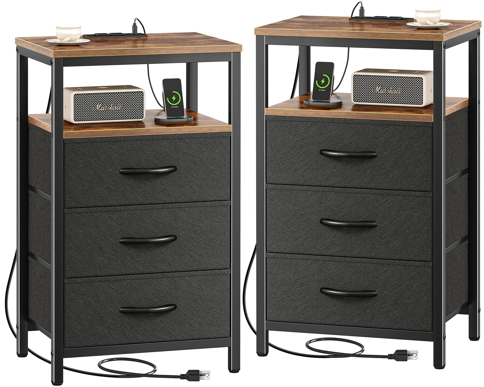 Huuger Nightstands Set of 2, 27.6 Inch End Tables with Charging Station, Side Tables with Fabric Drawers, Bedside Tables with US