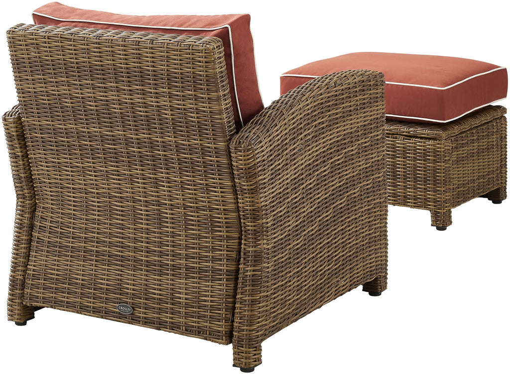 Crosley Furniture Bradenton 2-Piece Outdoor Chair and Ottoman Set, Wicker Patio Conversation Sets for Porch, Brown with Sangria Cushions