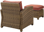 Crosley Furniture Bradenton 2-Piece Outdoor Chair and Ottoman Set, Wicker Patio Conversation Sets for Porch, Brown with Sangria Cushions
