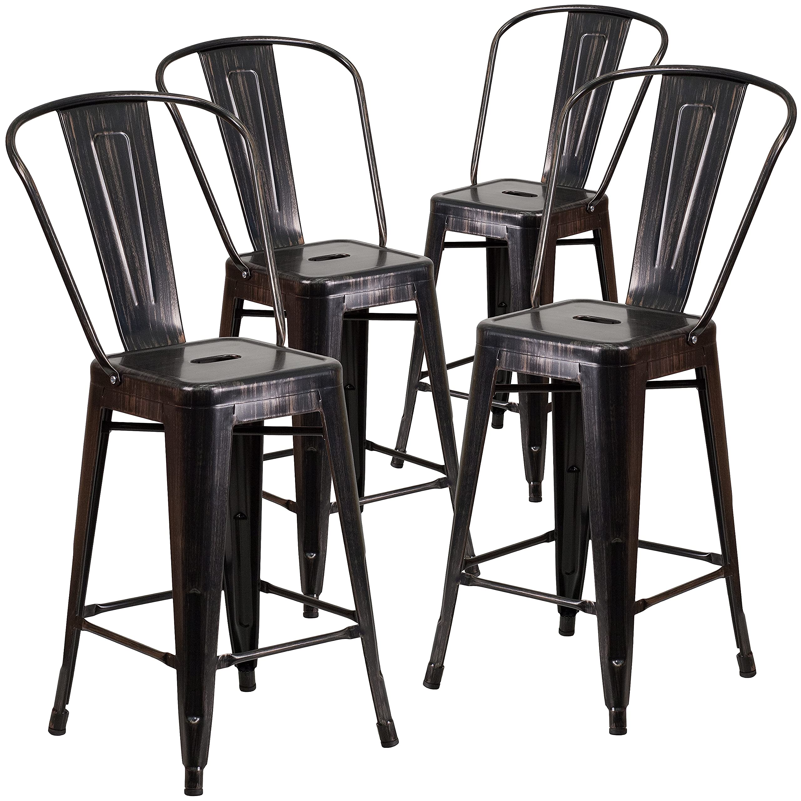 4 Pk. 24 High Black-Antique Gold Metal Counter Height Stool with Back