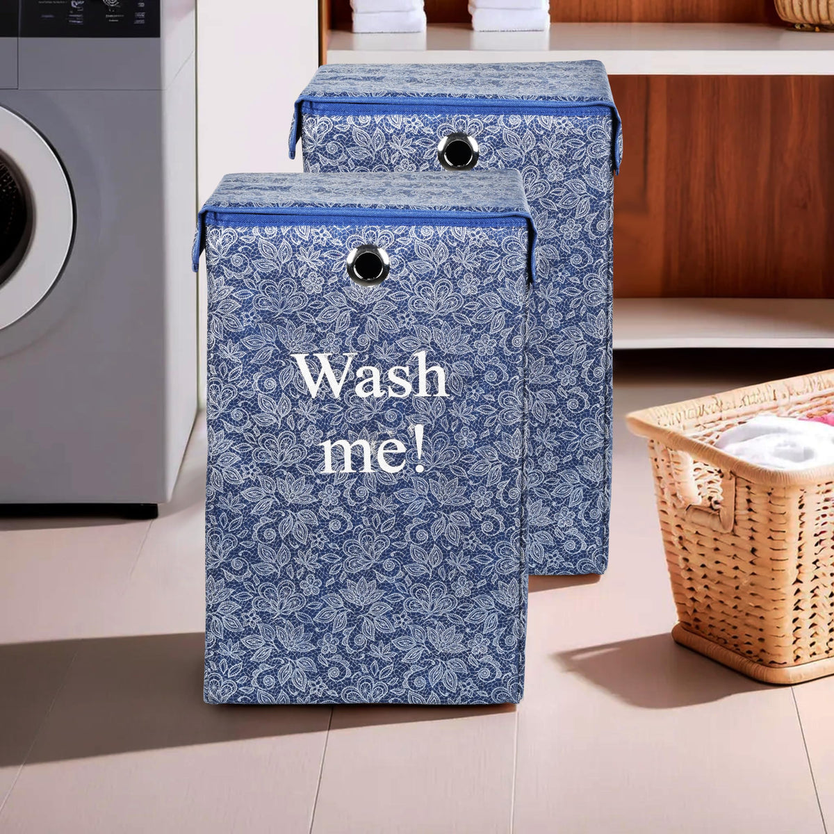 Urbane Home (Pack of 2) Clothes Basket | 75 LTR | Toy Storage Box with Ring | Velcro Lid | Clothes Dress Bin | Flower Print | Fo