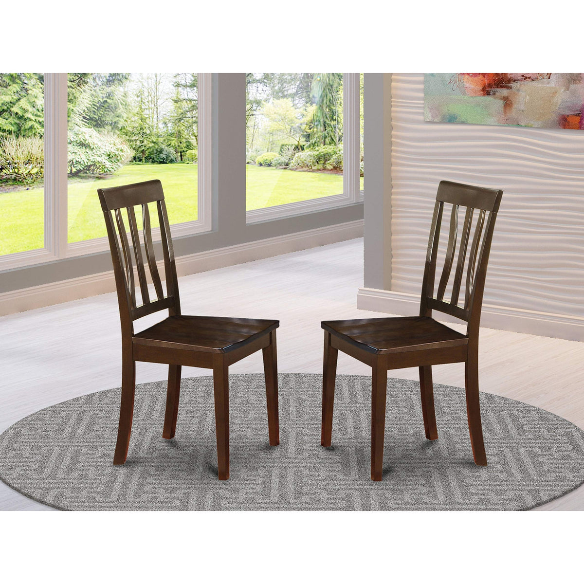 East West Furniture ANC-CAP-W Antique Dining Room Chairs - Slat Back Wooden Seat Chairs, Set of 2, Cappuccino