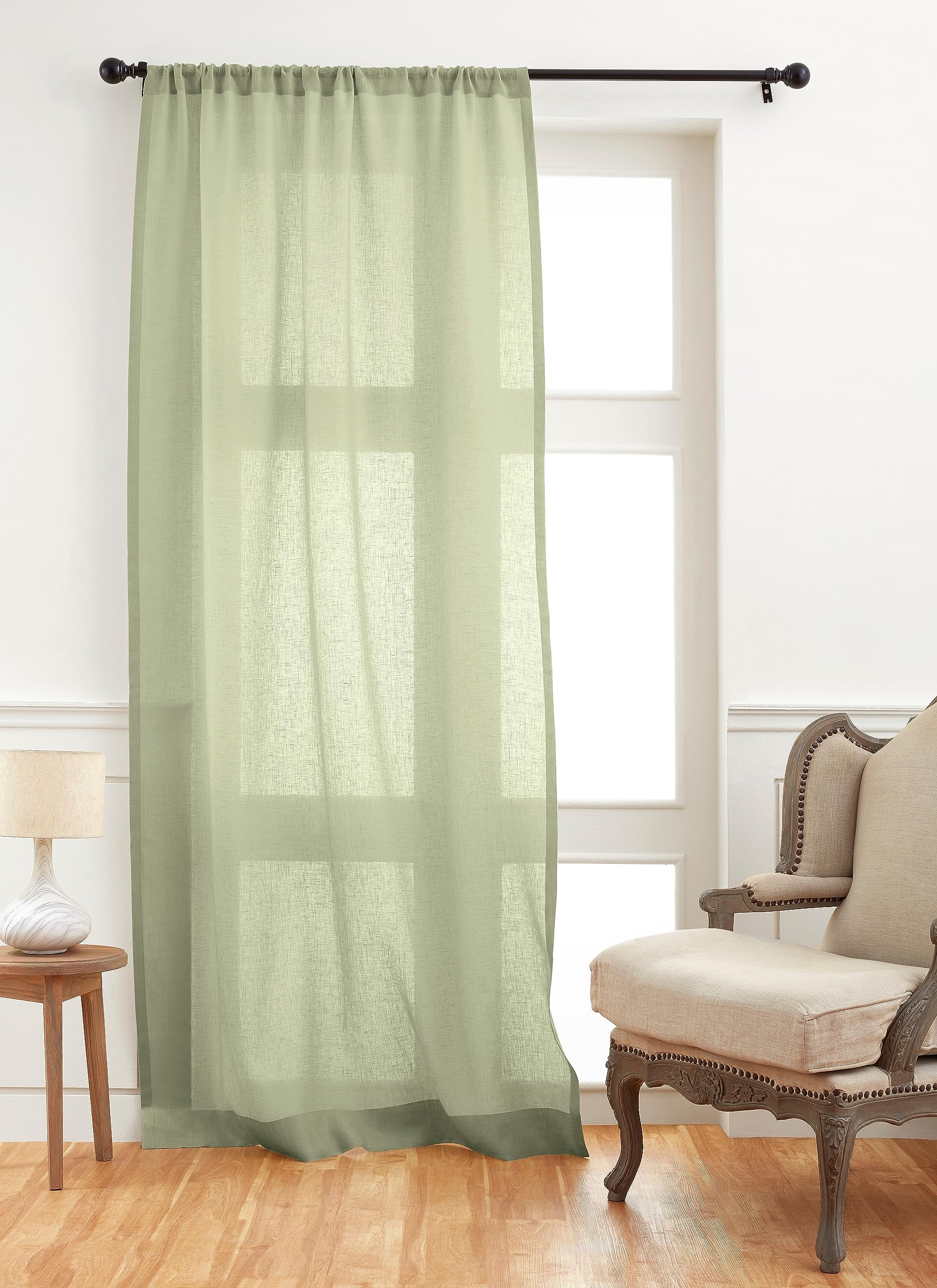 Solino Home Linen Sheer Curtain 144 Inches Long - Sage Green 100% Pure Linen European Flax Window Sheer Curtain Panel 52 X 144 I