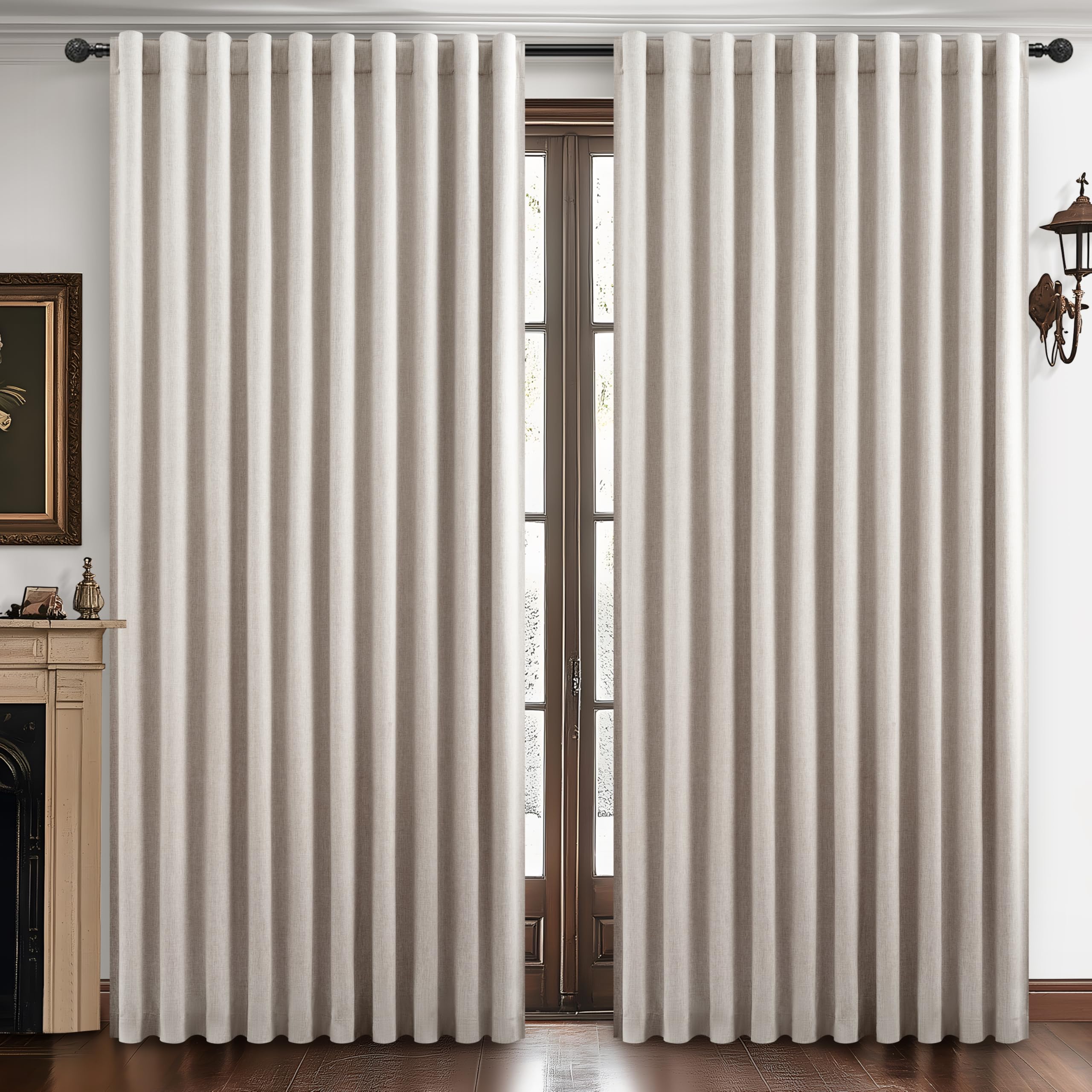 Extra Wide 60 Inch Blackout Curtains 96 Inches Long for Living Room, Rustic Boho Room Darkening Textured Linen Pleated Dining Ro