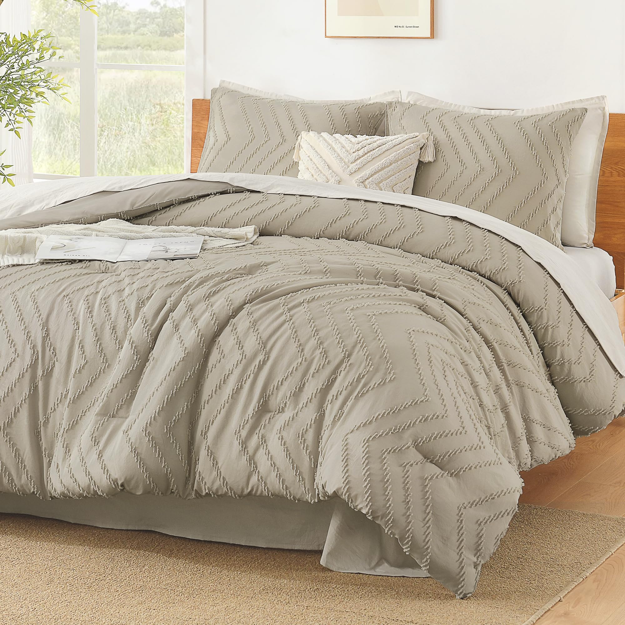 Litanika Oatmeal King Comforter Set, 3 Pieces Lightweight Tufted Bedding Sets, Down Alternative Comforter Fluffy Bed Set Gift Ch