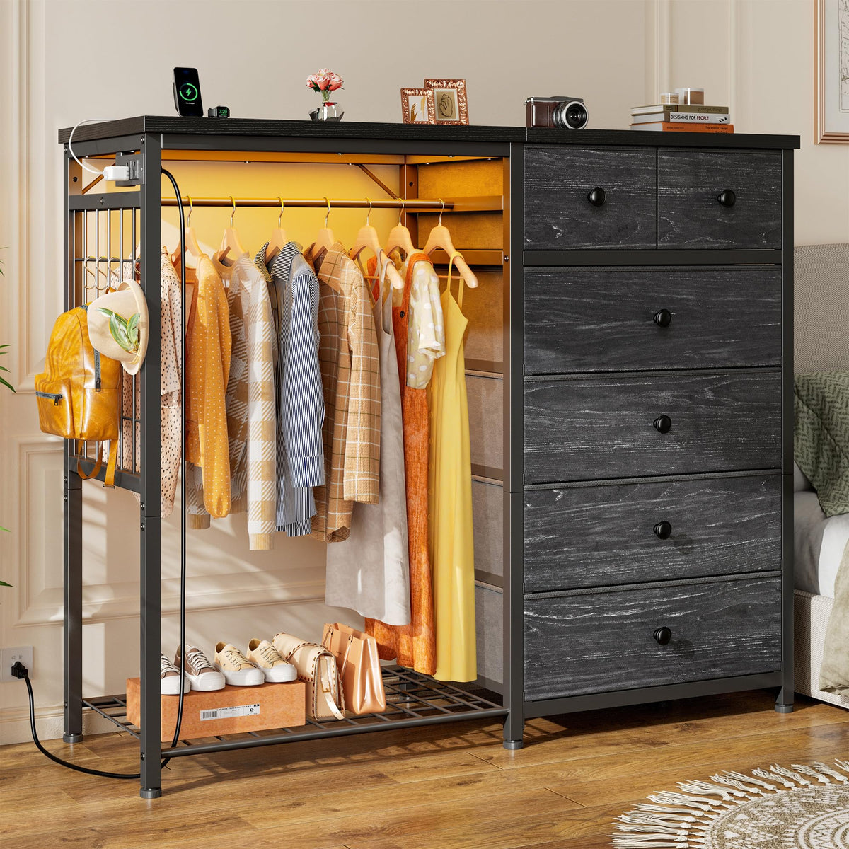 EnHomee 49.2  W Dresser for Bedroom with Hanging Rack 6 Drawers Dresser with LED Lights & Charging Station, Fabric Dressers & Ch