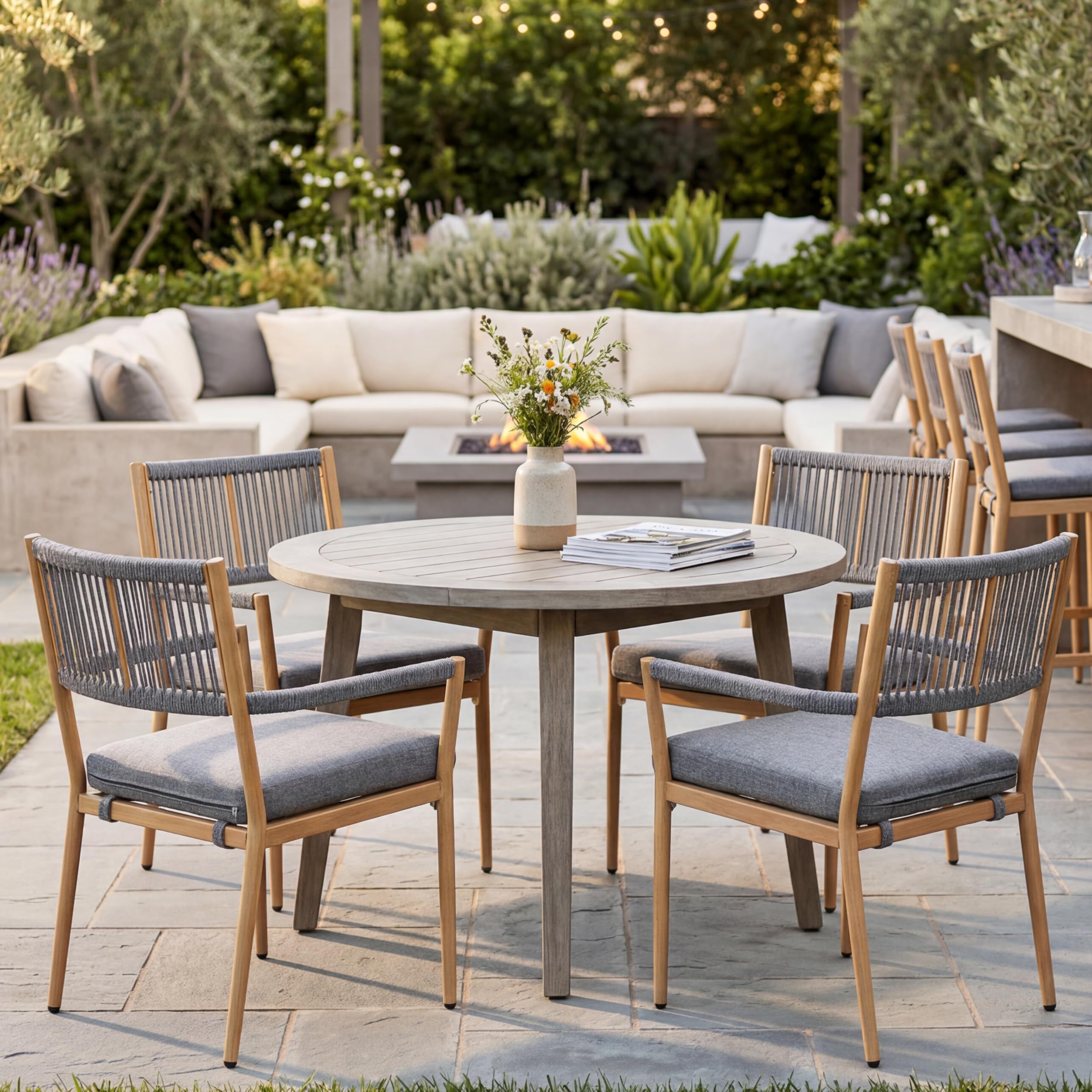 DAYAOUTDOOR Outdoor Dining Chair with Rope Back & Armrests, Patio Dining Chairs Set of 4 with Weather-Resistant Metal Frame, Com