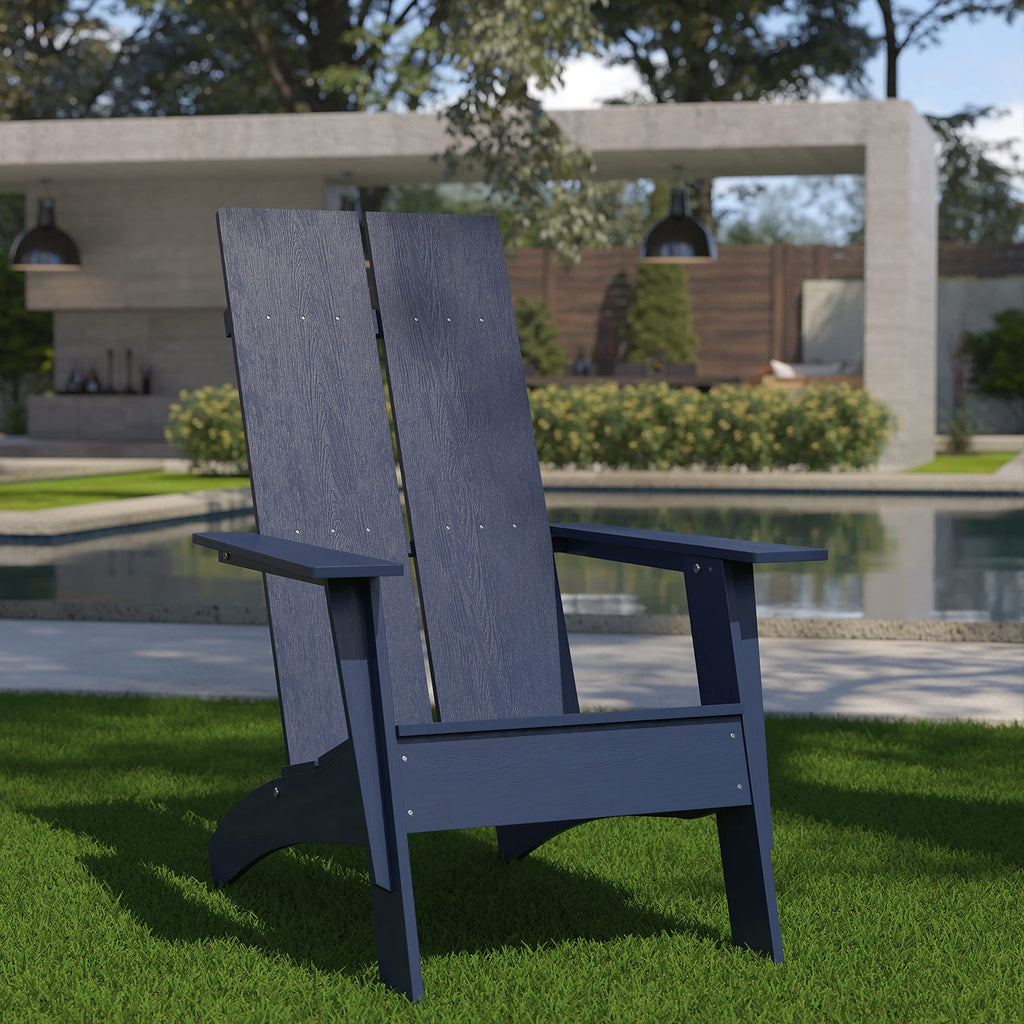 Flash Furniture Sawyer Modern Commercial 2-Slat Back Adirondack Chair - Navy Blue Commercial All-Weather Poly Resin Lounge Chair