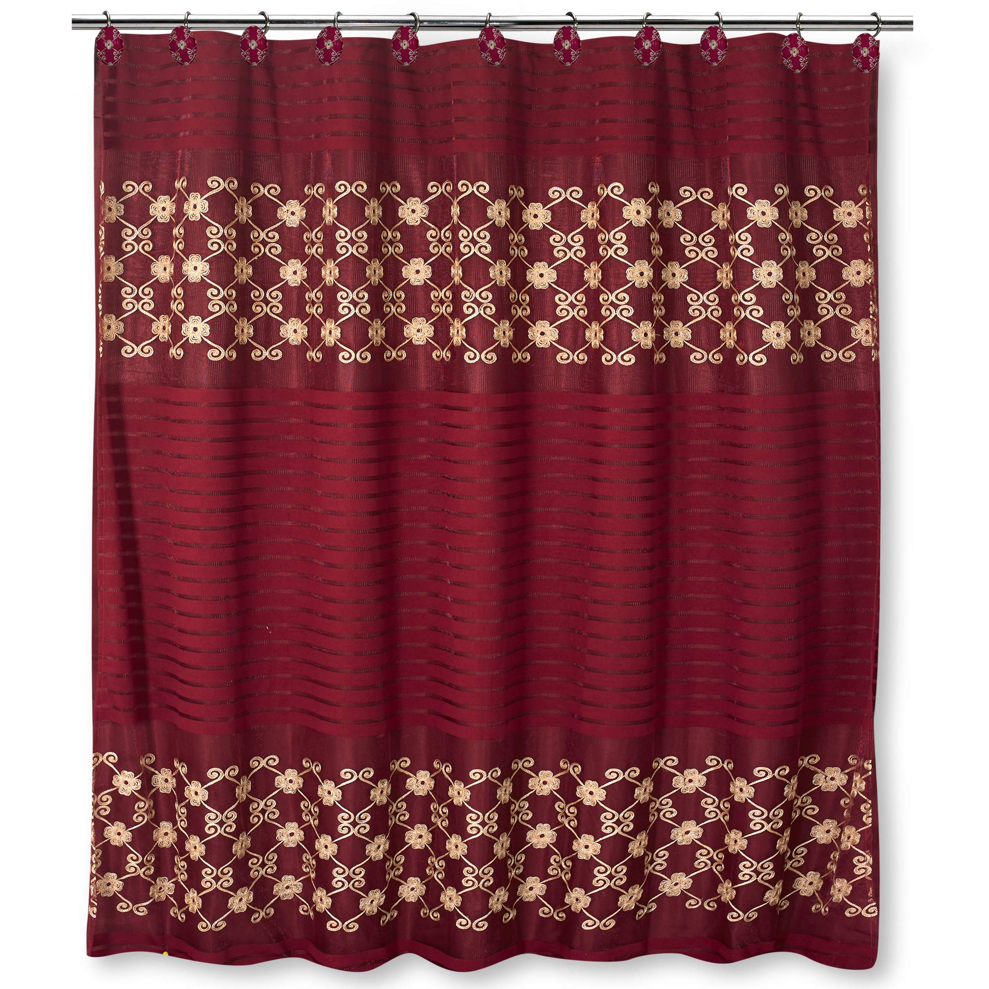 Popular Bath Shower Curtain, Vlegant Rosa Collection, 70 x 72, Burgundy/Gold