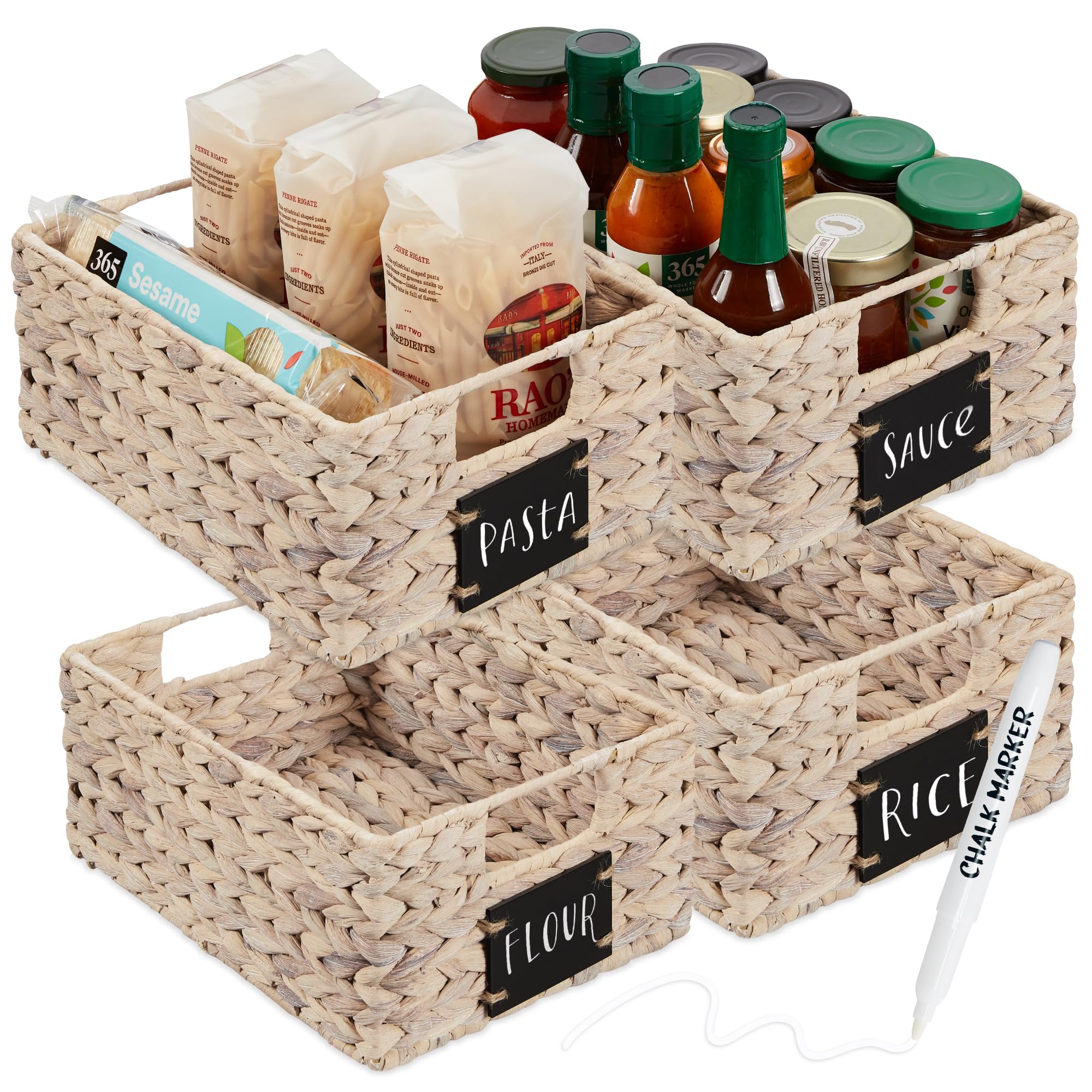 Best Choice Products Set of 4 9x12in Water Hyacinth Pantry Baskets, Woven Organizers w/Chalkboard Label, Chalk Marker - White