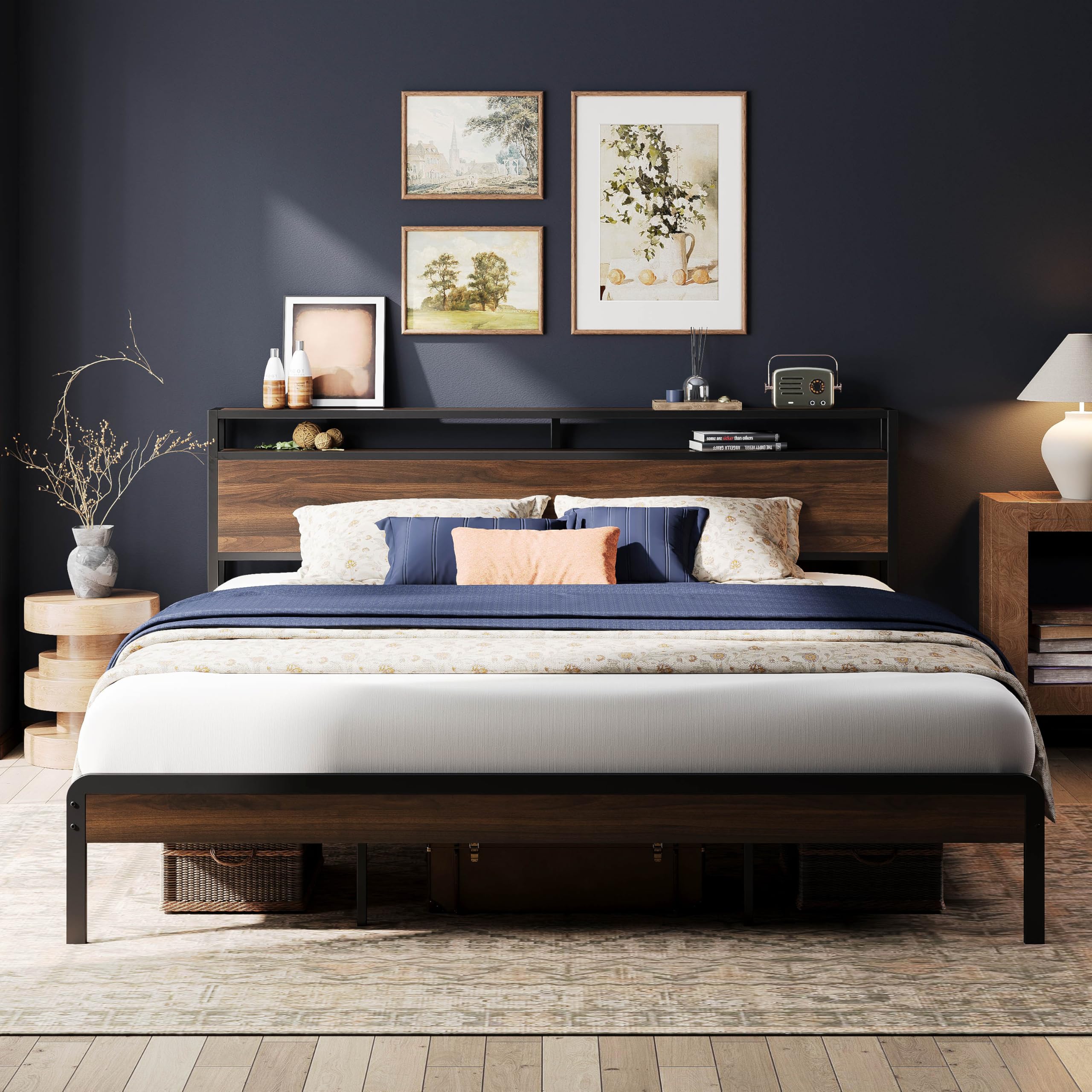 LIKIMIO California King Bed Frame with Headboard, Dark Wood Camas California King with Strong Supports, Sturdy, Noise-Free, No B