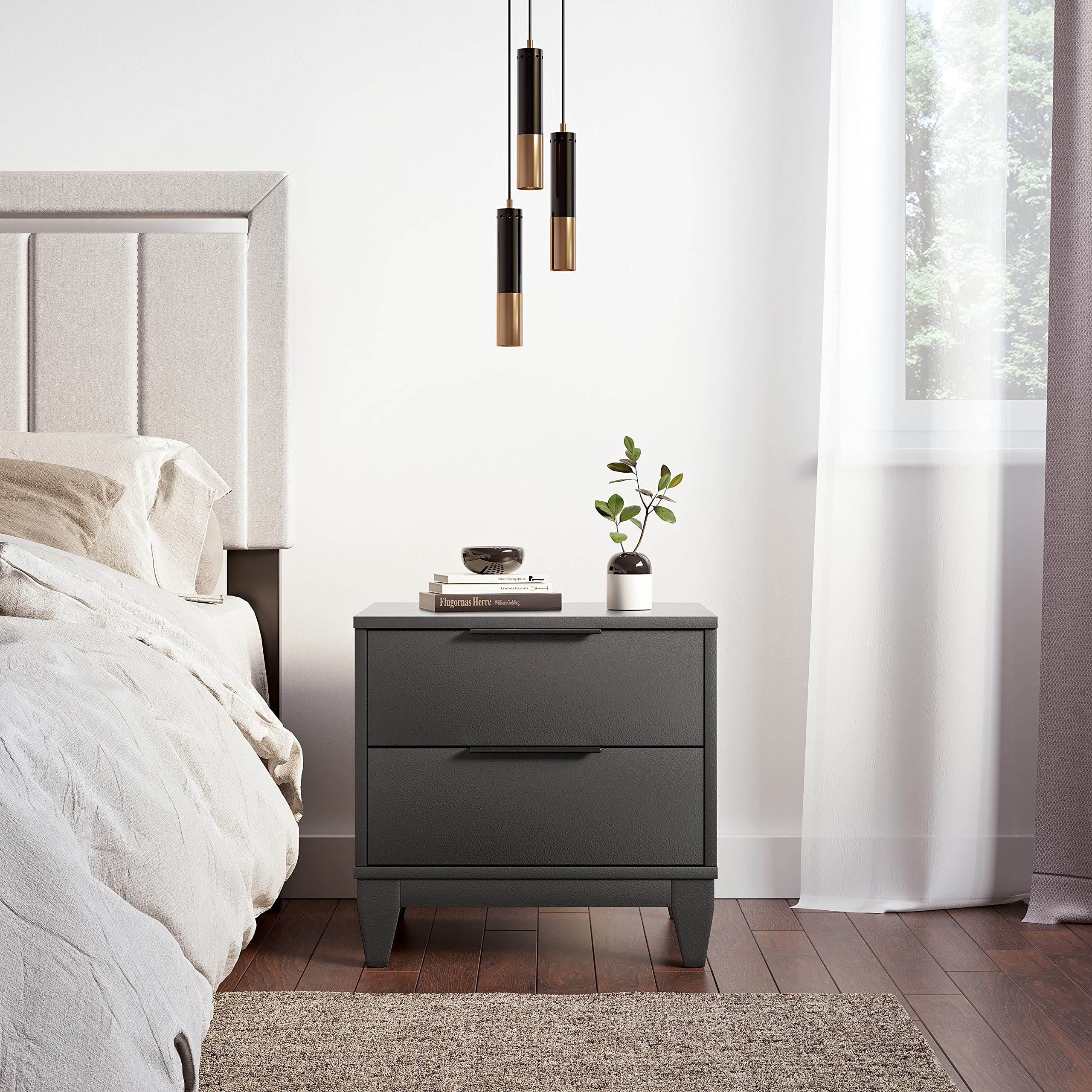 Boyd Sleep Bedroom Nightstand Bedside Table: Mackay Two Drawer Storage With Leg Base, Black (Amzmck15930Blknstd)