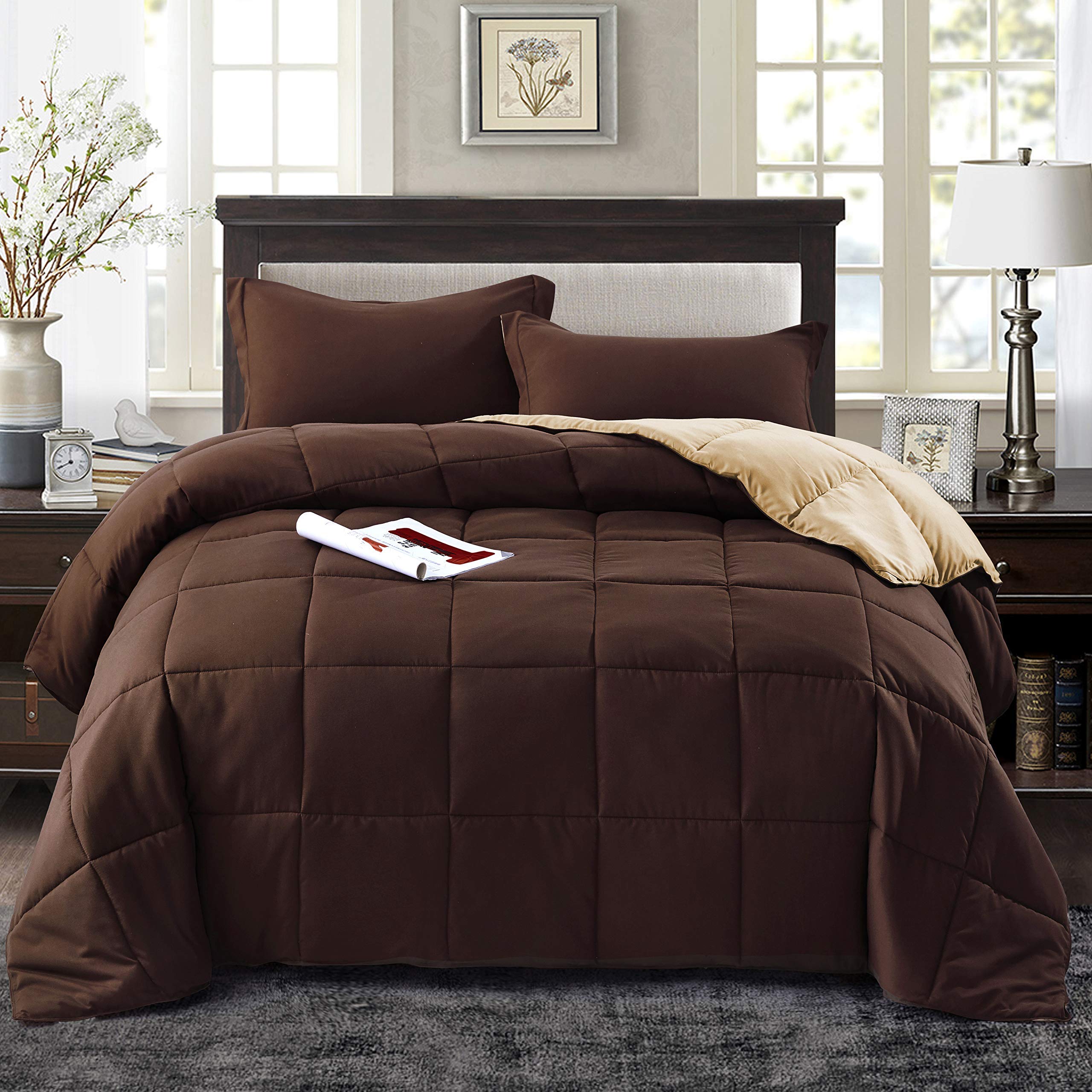 Hig 3Pc Down Alternative Comforter Set - All Season Reversible Comforter With Two Shams - Quilted Duvet Insert With Corner Tabs