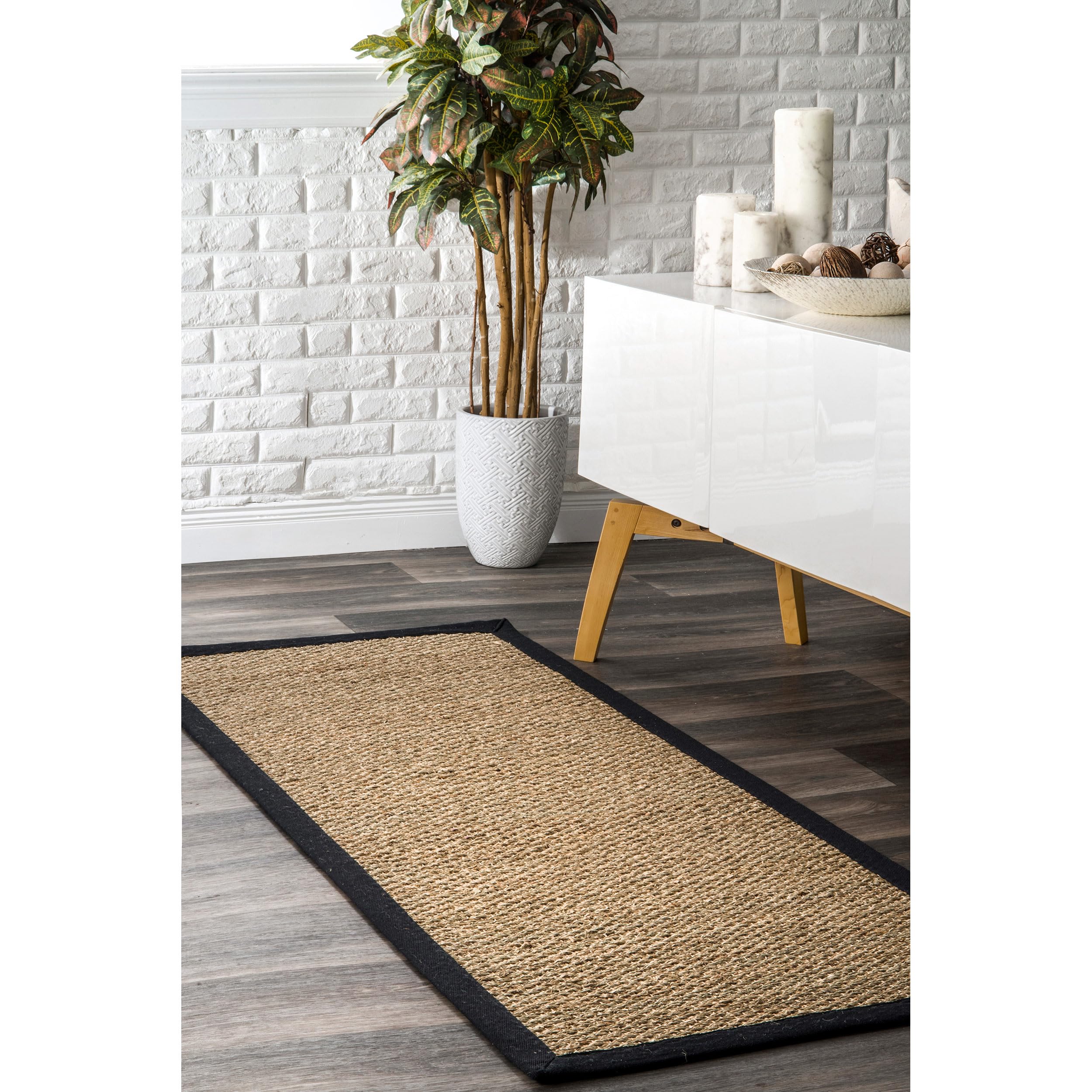 nuLOOM 2x6 Elijah Seagrass Area Rug, Black, Solid Farmhouse Style, Cotton Bordered, Basketweave, Natural Fiber, For Bedroom, Din