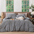 MooMee Gingham Duvet Cover Set 100% Washed Cotton Linen Like Textured Breathable Durable Soft Comfy Modern Checkered Design (Bla