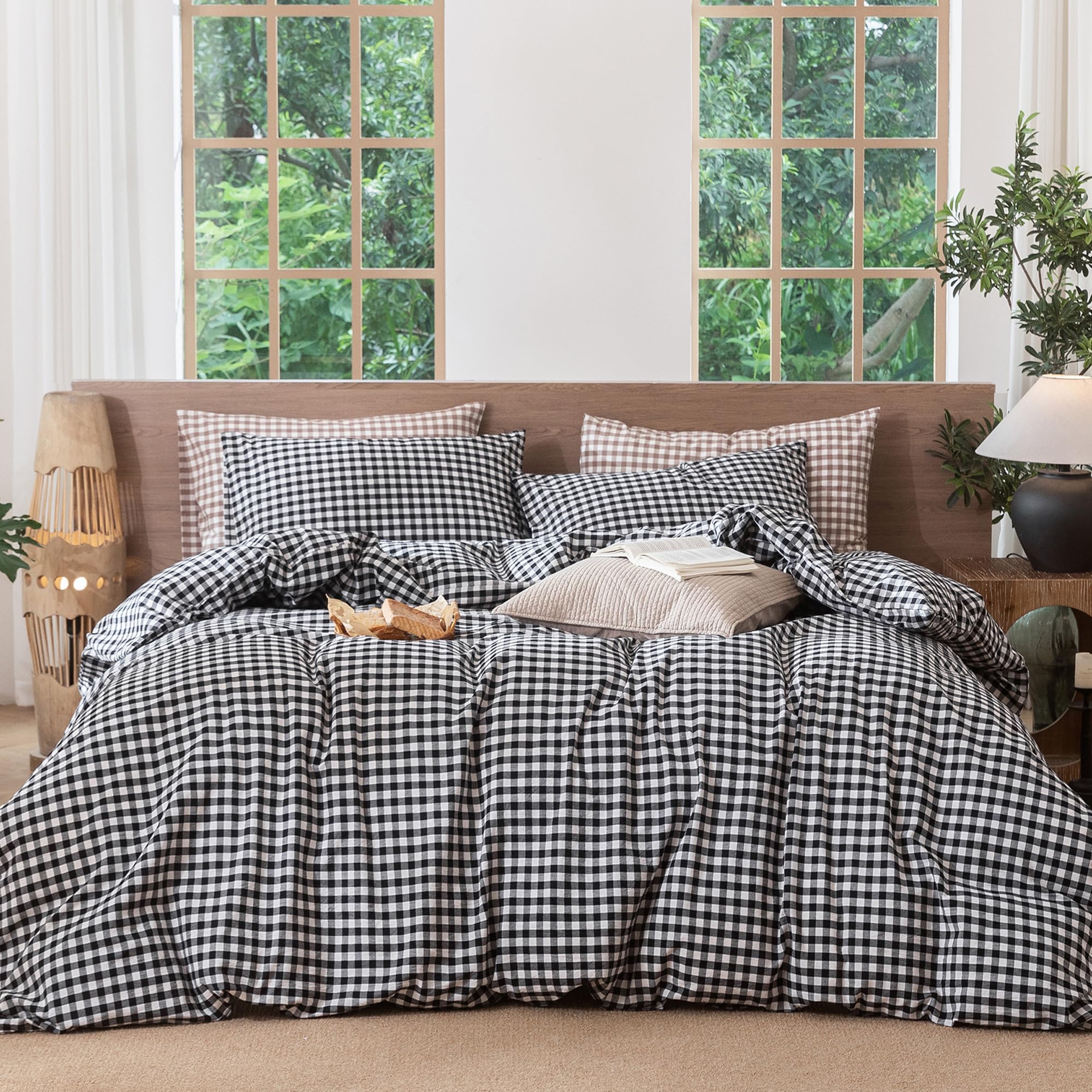 MooMee Gingham Duvet Cover Set 100% Washed Cotton Linen Like Textured Breathable Durable Soft Comfy Modern Checkered Design (Bla