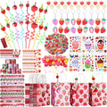 Landical 159 Pcs Cute Strawberry Party Favors Includes Gift Cup Straws Bracelets Stickers Fluffy Stickers Keychain Rings Stamper