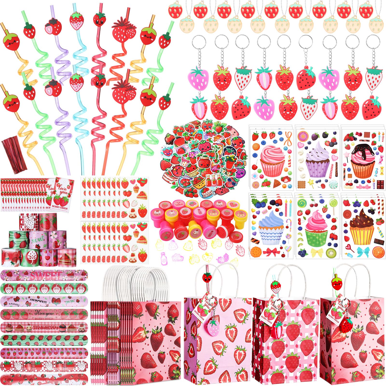 Landical 159 Pcs Cute Strawberry Party Favors Includes Gift Cup Straws Bracelets Stickers Fluffy Stickers Keychain Rings Stamper