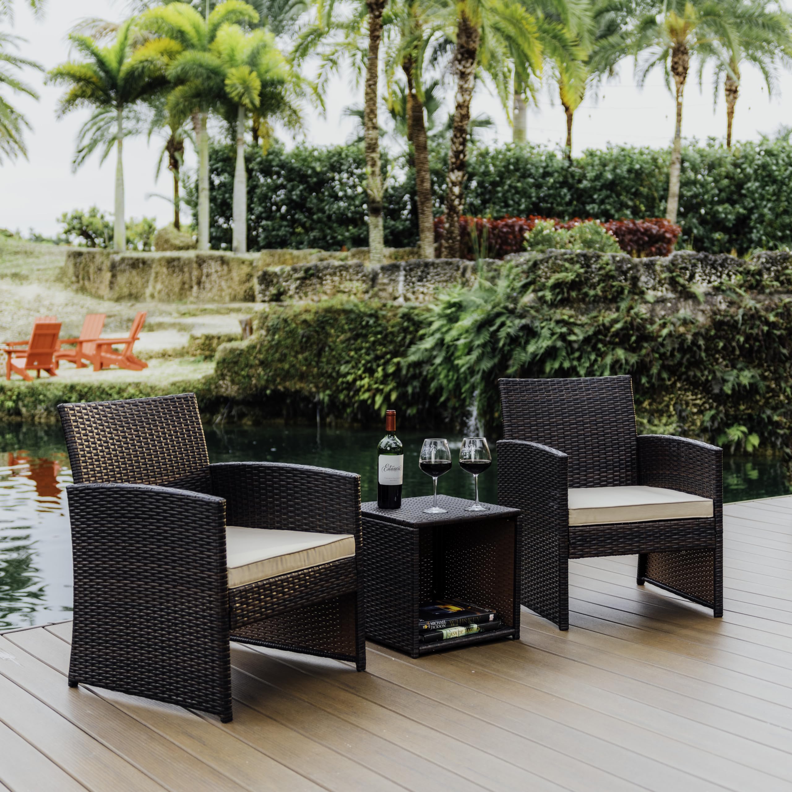 Nestl Wicker Outdoor Furniture Set - 3 Piece Patio Bistro Set (Brown/Beige)
