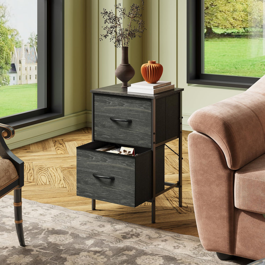 Wlive Nightstand, Nightstand With 2 Drawers, Bedside Furniture, Night Stand, Small Dresser For Bedroom, College Dorm, End Table With Fabric Bins, Dormitory, Charcoal Black Wood Grain Print, Size L