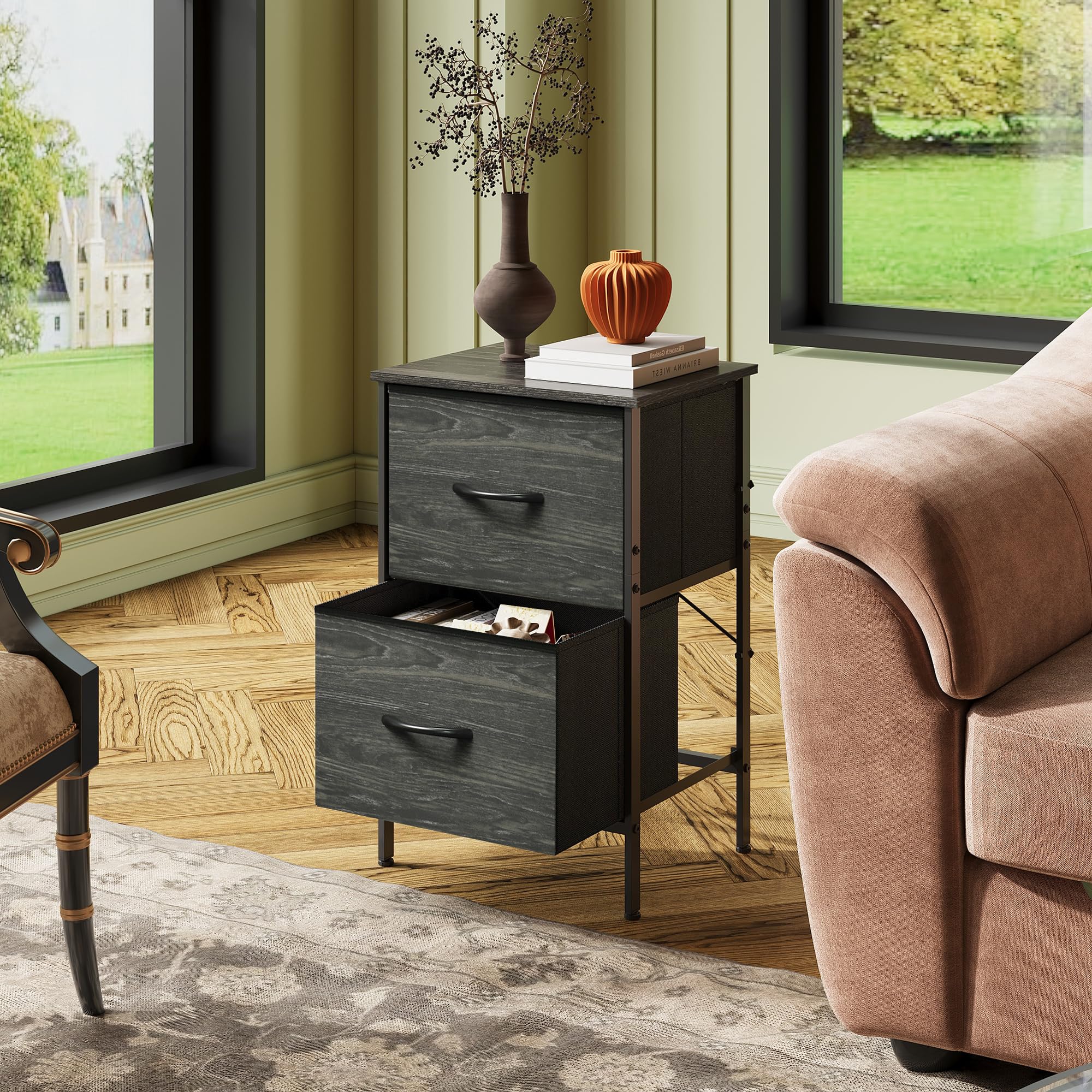 Wlive Nightstand, Nightstand With 2 Drawers, Bedside Furniture, Night Stand, Small Dresser For Bedroom, College Dorm, End Table With Fabric Bins, Dormitory, Charcoal Black Wood Grain Print, Size L
