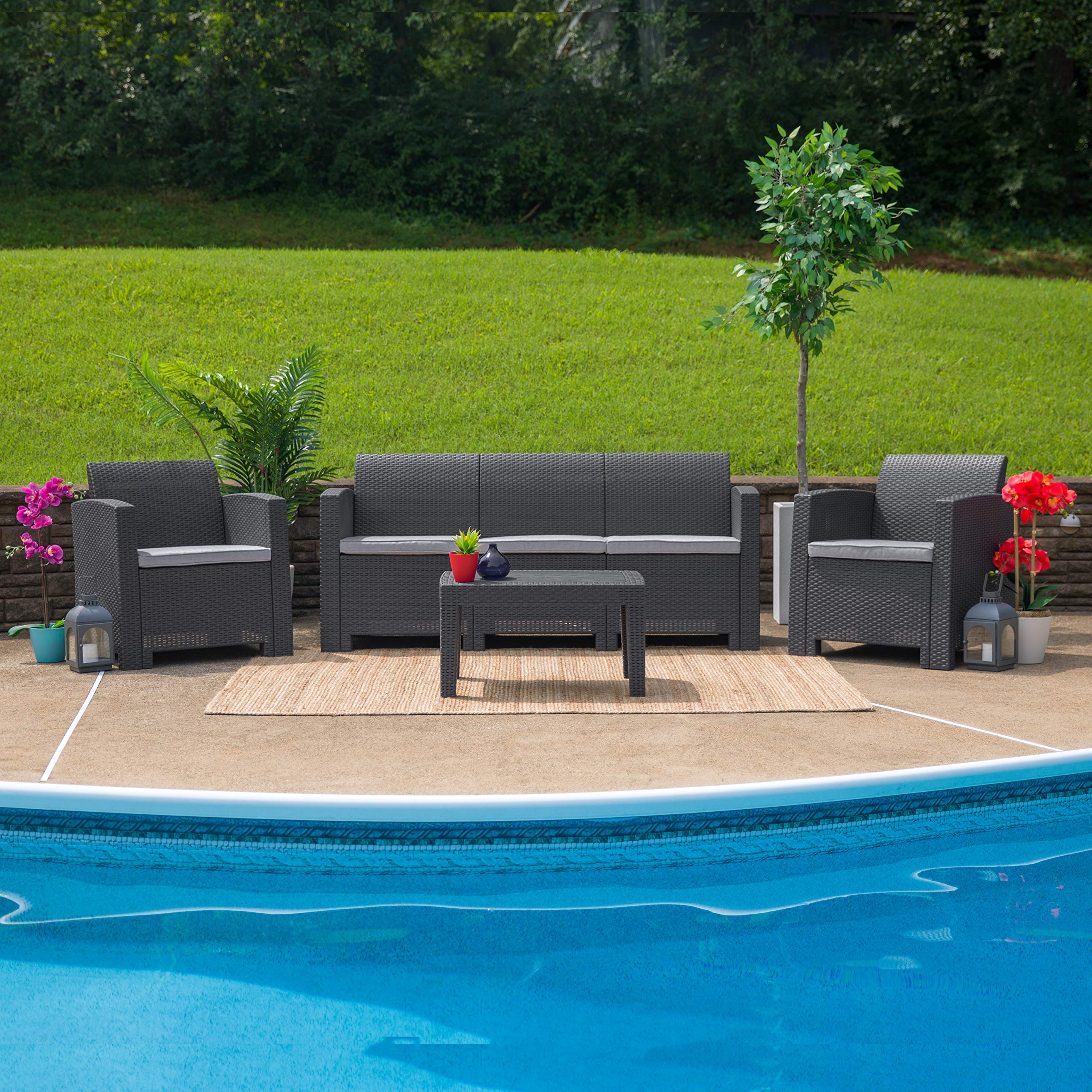 Flash Furniture Seneca Dark Gray Faux Rattan Chair with All-Weather Seneca Light Gray Cushion