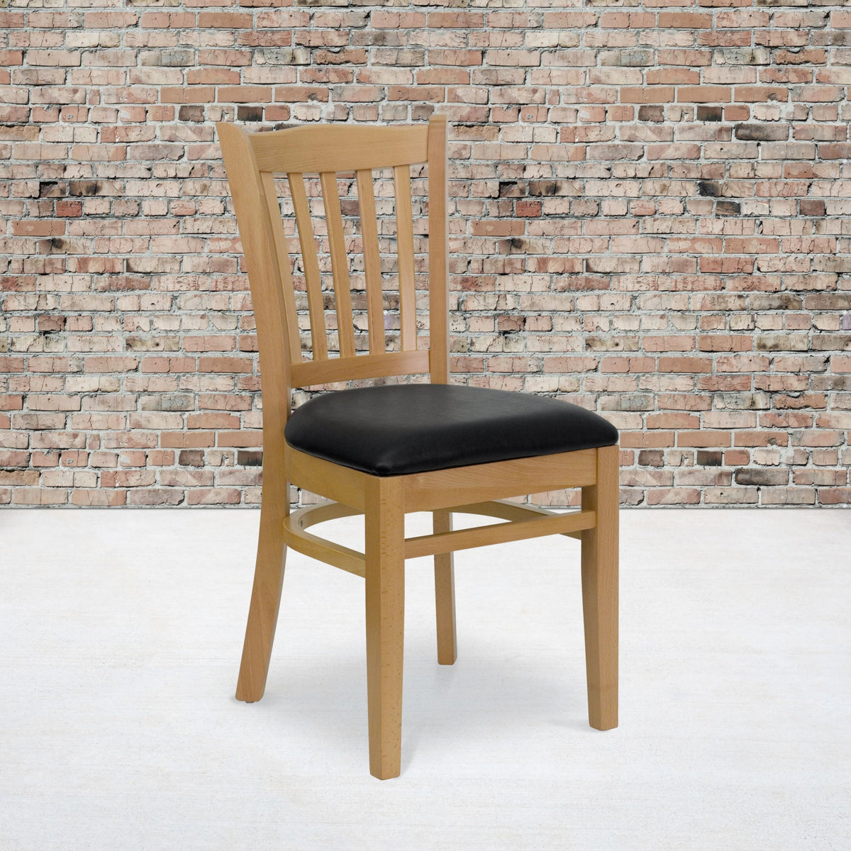 Flash Furniture HERCULES Series Vertical Slat Back Natural Wood Restaurant Chair - Black Vinyl Seat