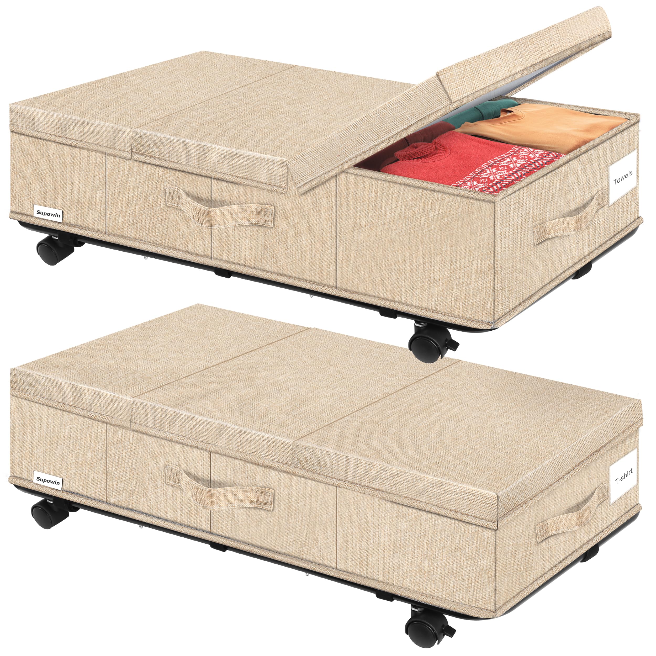 Supowin Under Bed Storage with Wheels, Rolling Underbed Storage Containers with Lids, Under Bed Shoe Storage Bins Organizer with
