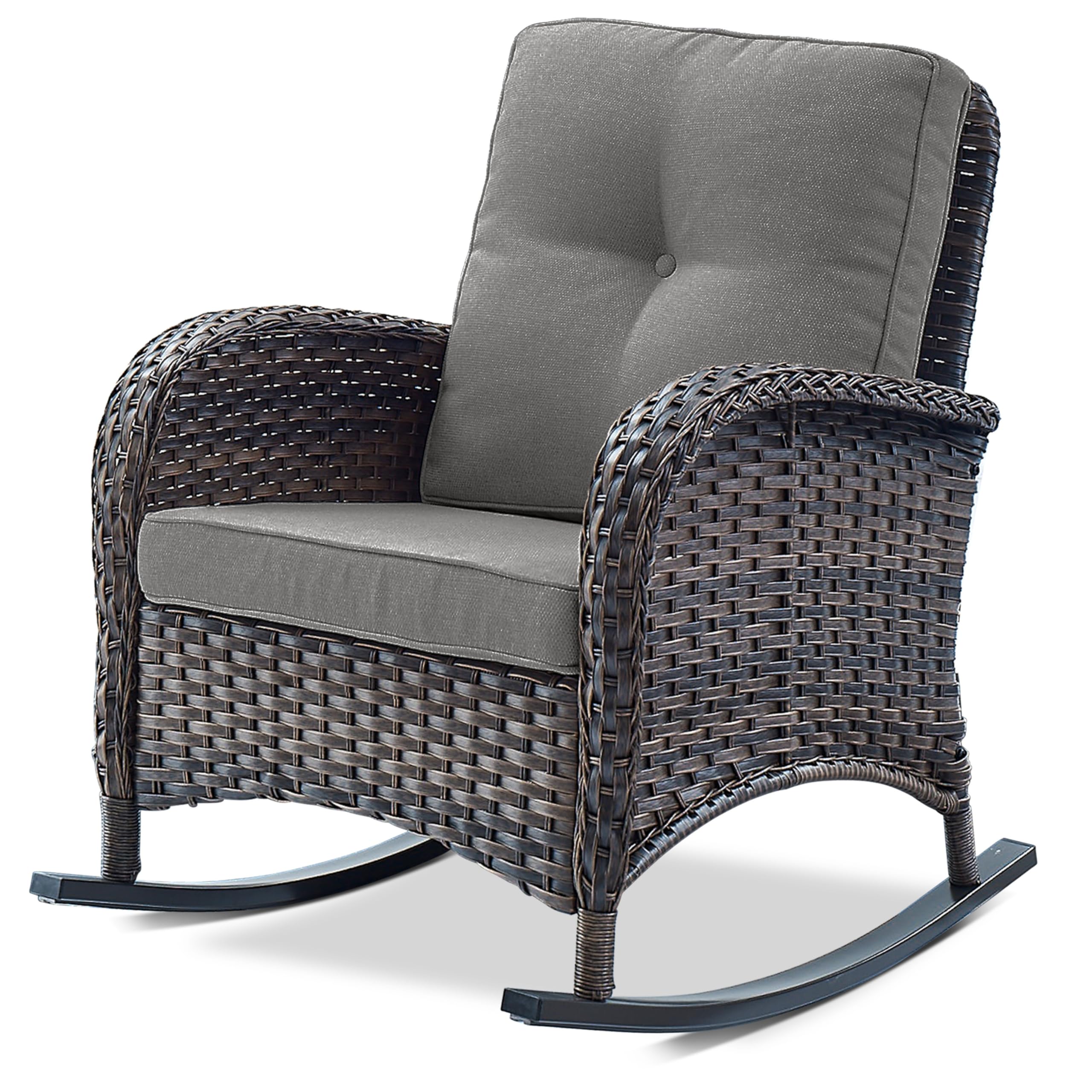 Belord Patio Rocking Chair Wicker Chair, 1 Piece Outdoor Rocking Chair Seating With Cushions For Porch Deck Balcony, Brown/Gray