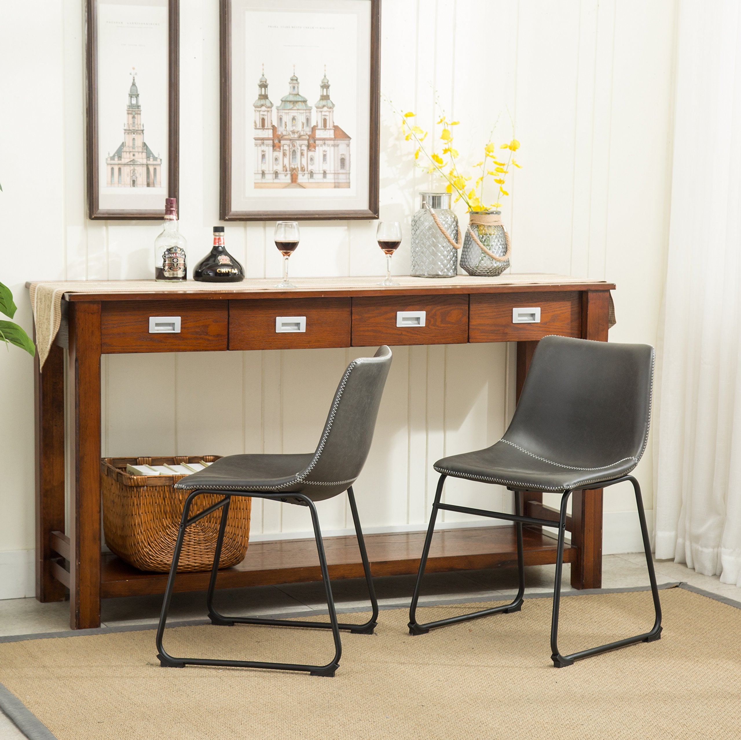 Roundhill Furniture Lotusville Vintage Pu Leather Dining Chairs, Antique Gray, Set Of 2