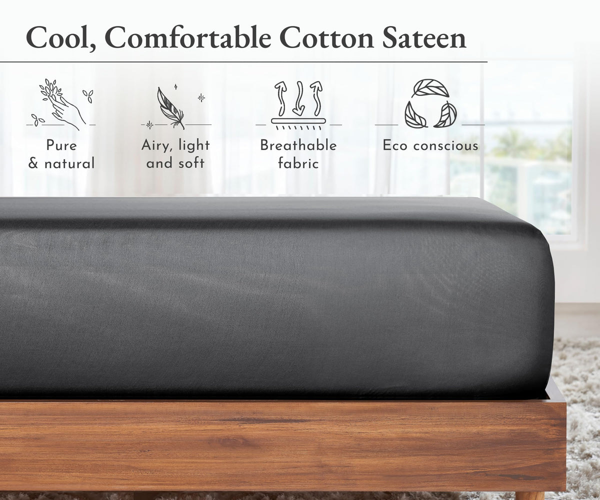 California Design Den King Size Bottom Fitted Sheet Only, Soft 100% Cotton Sateen, Deep Pocket, Durable All-Around Elastic, Head/Foot Side Indicators, Fitted King Sheet (Grey)