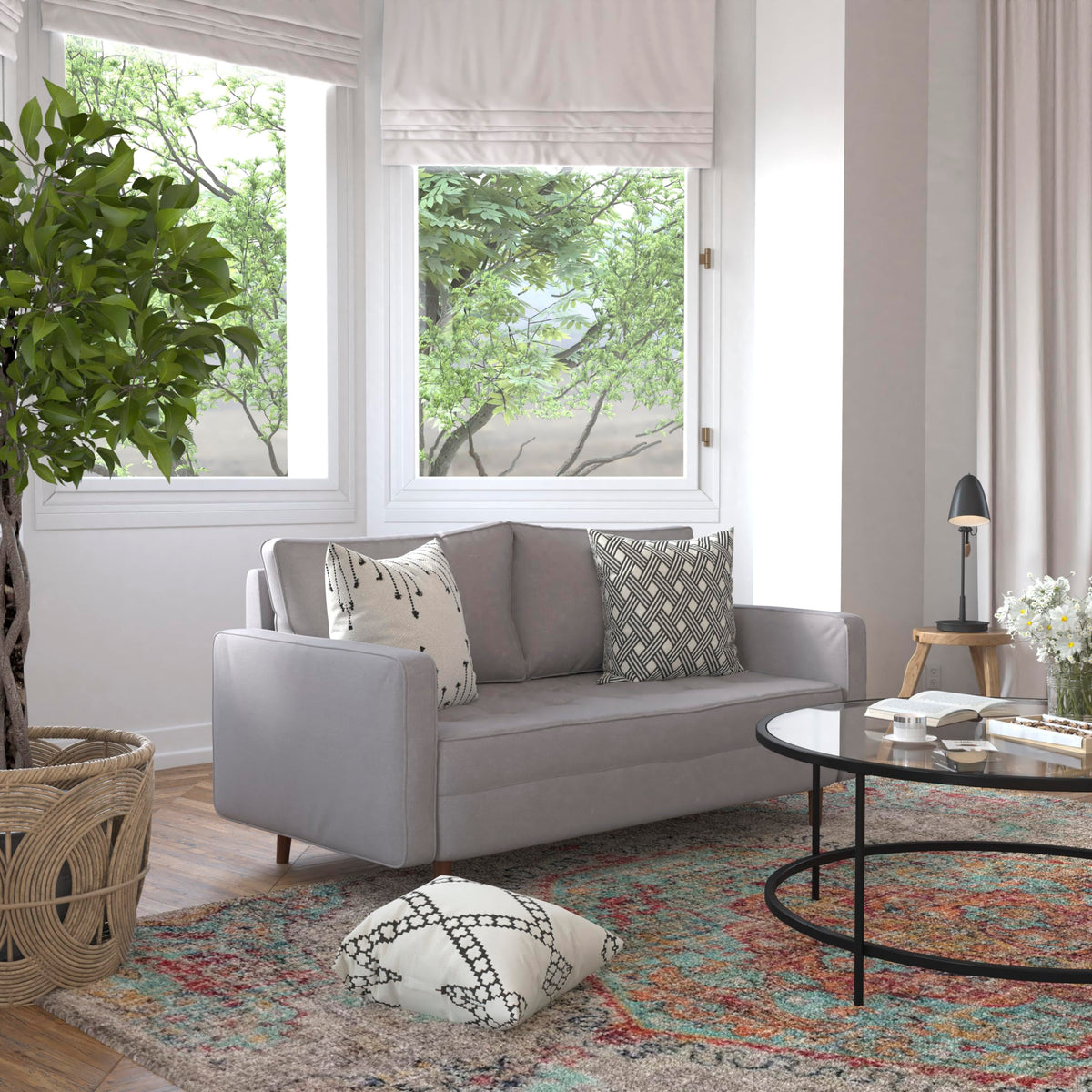 Flash Furniture Hudson Mid-Century Modern Loveseat - Slate Gray Faux Linen Upholstery - Buttonless Tufting - Wood Legs