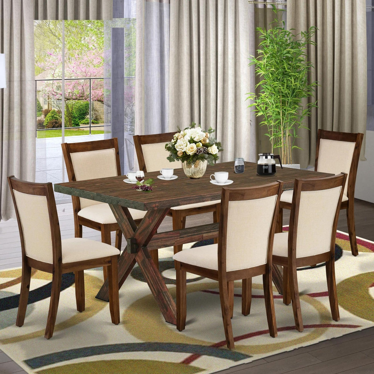 East West Furniture X776Mzn32-7 7 Piece Dinette Set Consist Of A Rectangle Dining Room Table With X-Legs And 6 Light Beige Linen Fabric Upholstered Parson Chairs, 36X60 Inch, Multi-Color