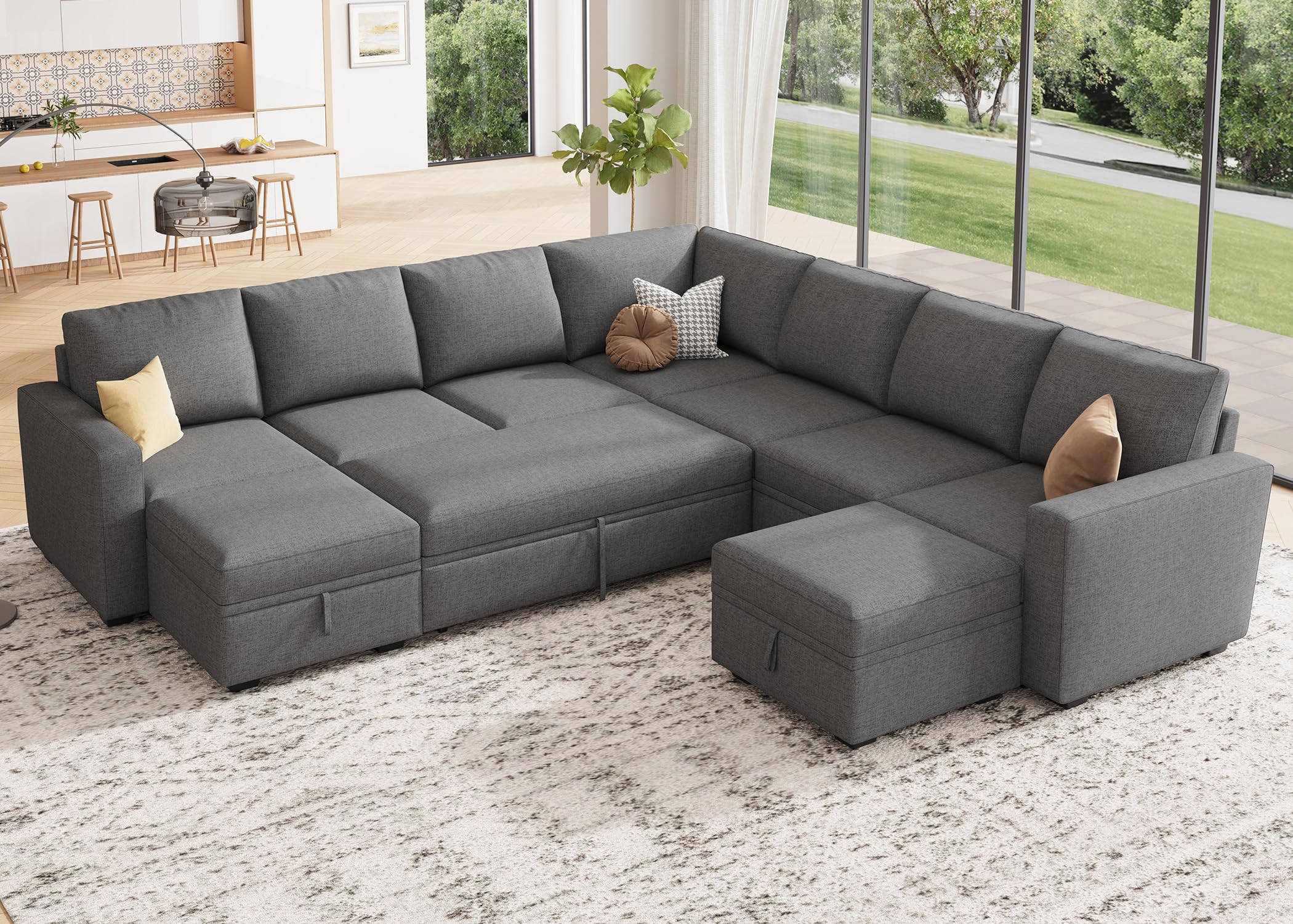 HONBAY Modular Sectional Sleeper Sofa Bed, Sectional Couch with Pull Out Bed U Shaped Modular Couch with Storage Ottoman for Liv