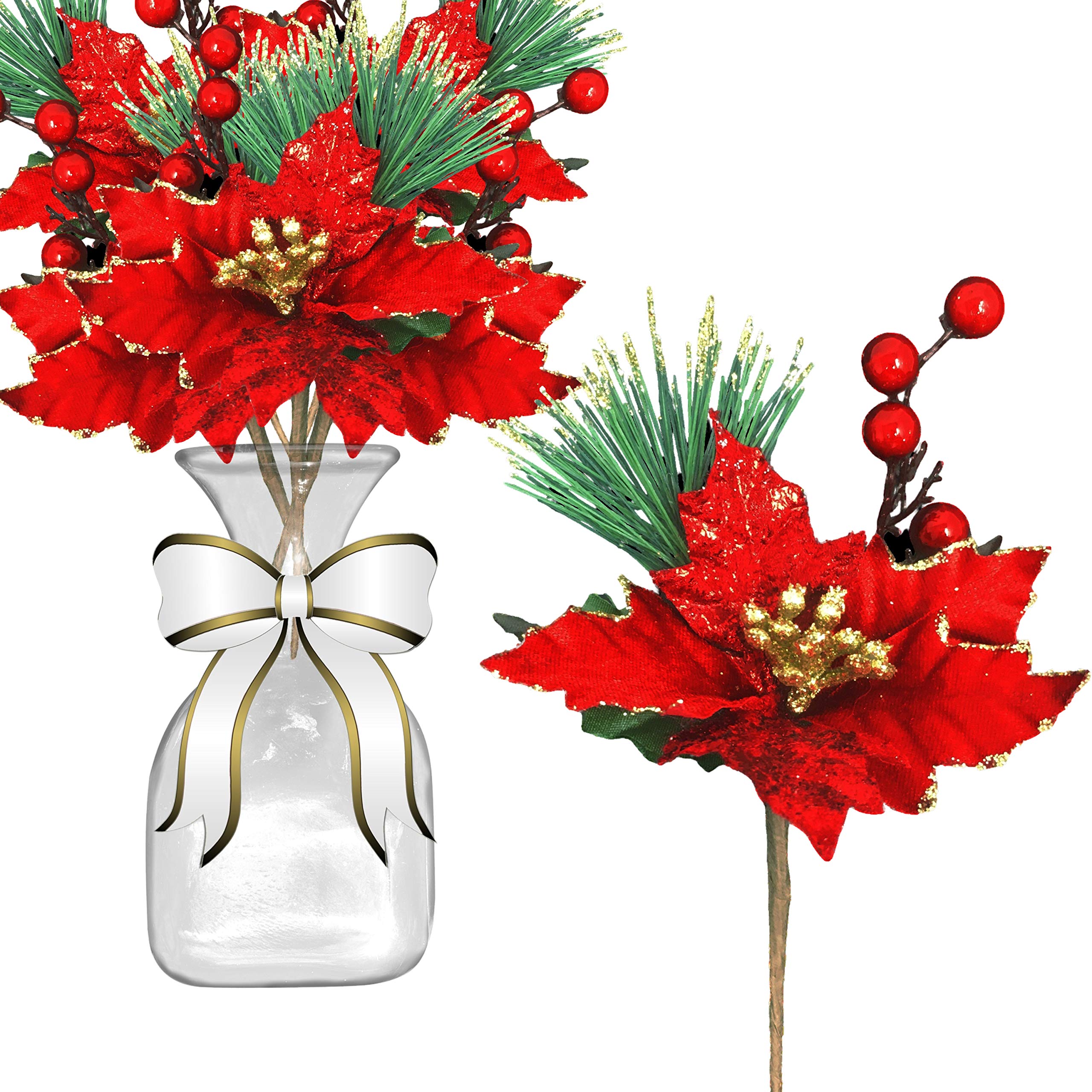 BANBERRY DESIGNS Red Poinsettia Christmas Picks - Set of 10 Holiday Sprays Red and Gold Trimmed Poinsettias - Berries and Pine N