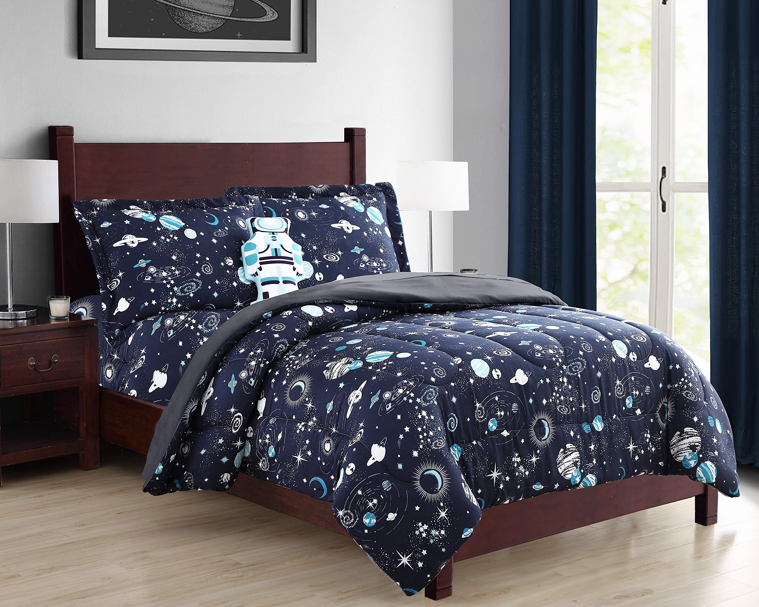 Sapphire Home 4 Piece Space Themed Queen Kids Comforter Set - Kids Bedding - Pillow Sham, Decorative Toy Pillow - Solar System B