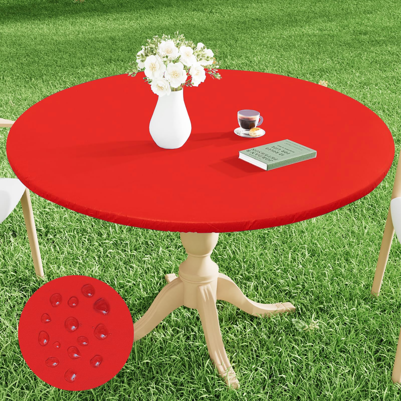 Smiry Round Picnic Tablecloth, Waterproof Elastic Fitted Table Covers for 57 - 68 Tables, Wipeable Flannel Backed Vinyl Tableclo