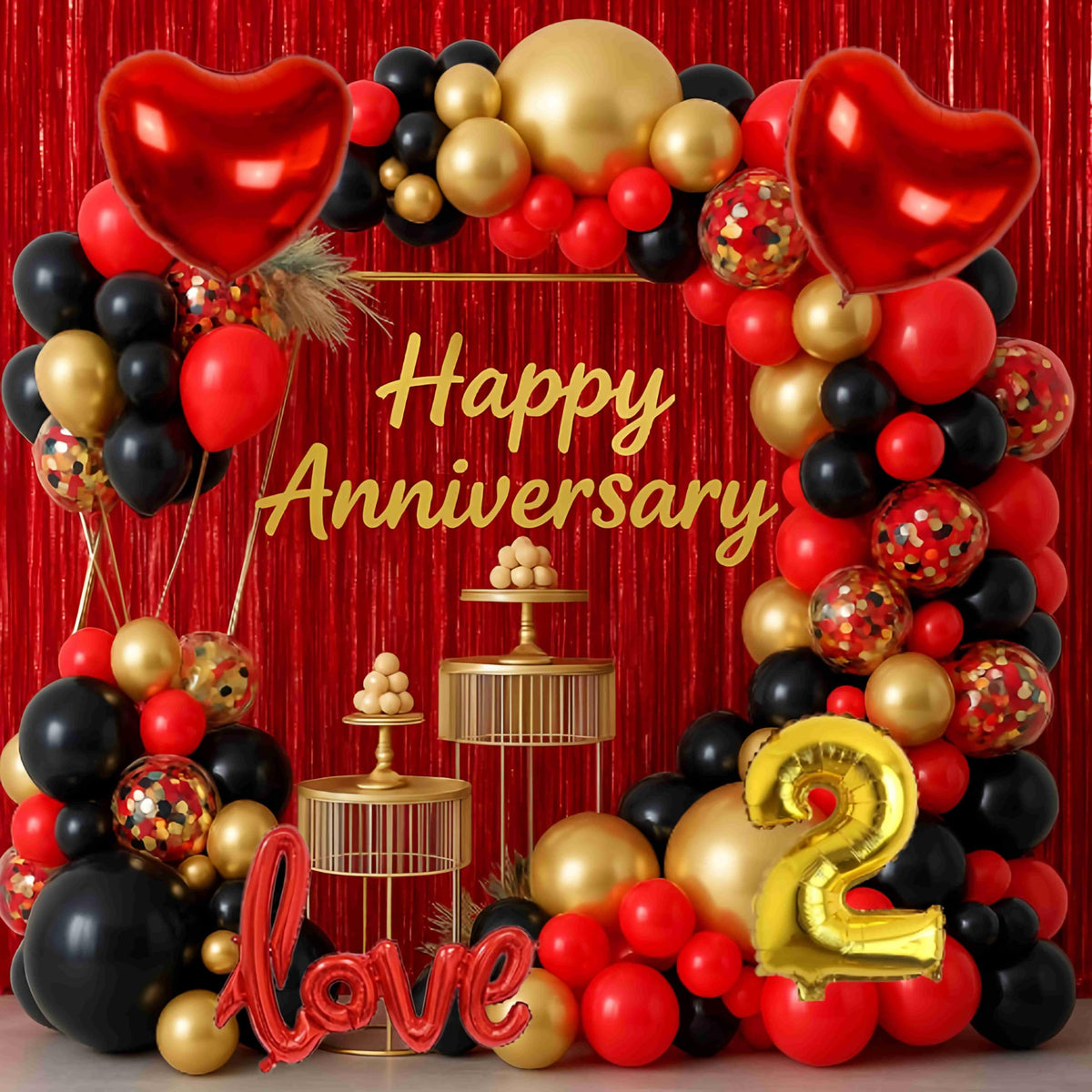 GROOVY DUDZ Happy Anniversary Decoration Kit  55 Pcs | Gold & Red Balloon, Heart Foil & Metallic Balloons | Romantic Dcor Set f