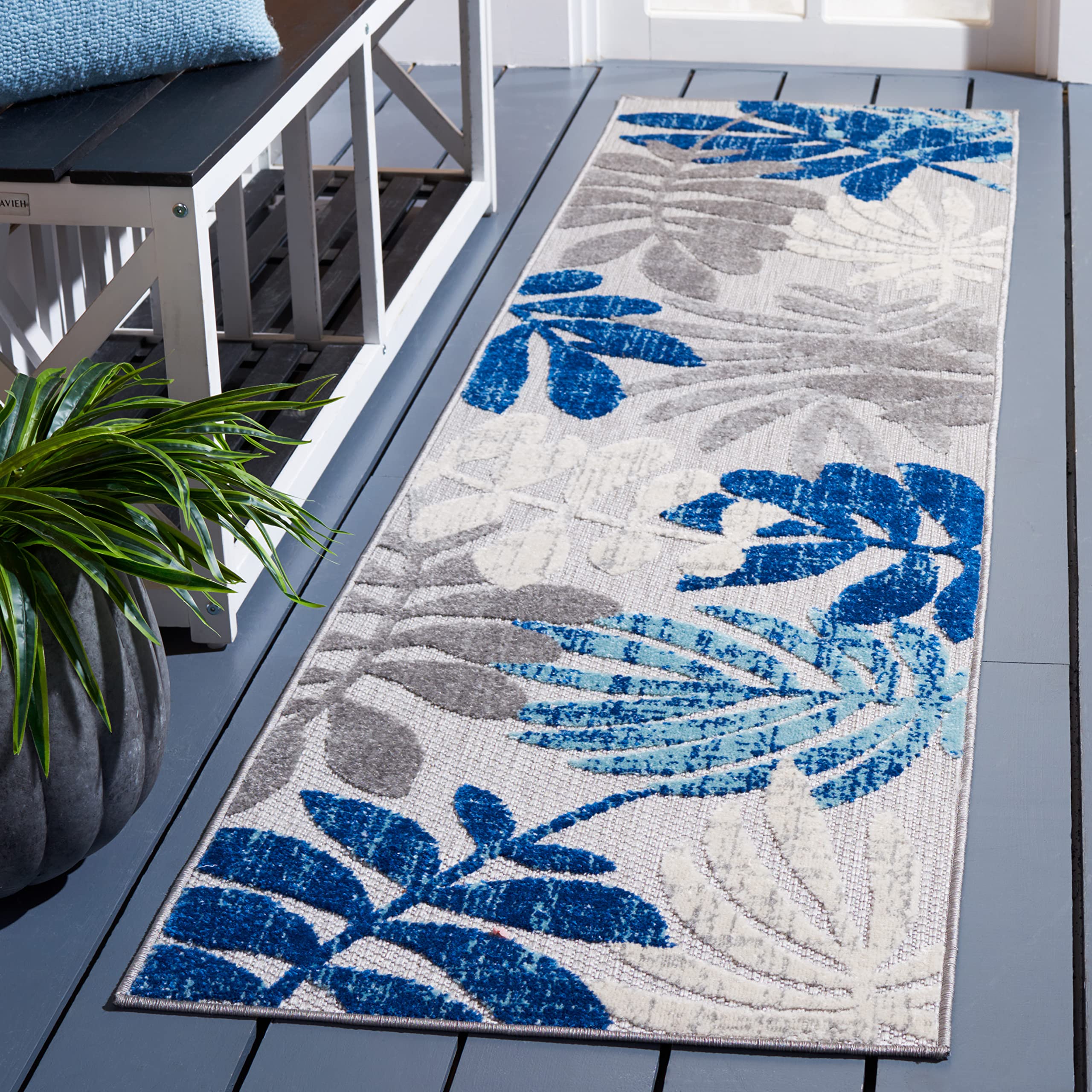 Safavieh Cabana Collection 2' X 8' Grey/Blue Cbn814F Botanical Indoor/ Outdoor Non-Shedding Easy Cleaning Patio Backyard Porch Deck Mudroom Runner Rug
