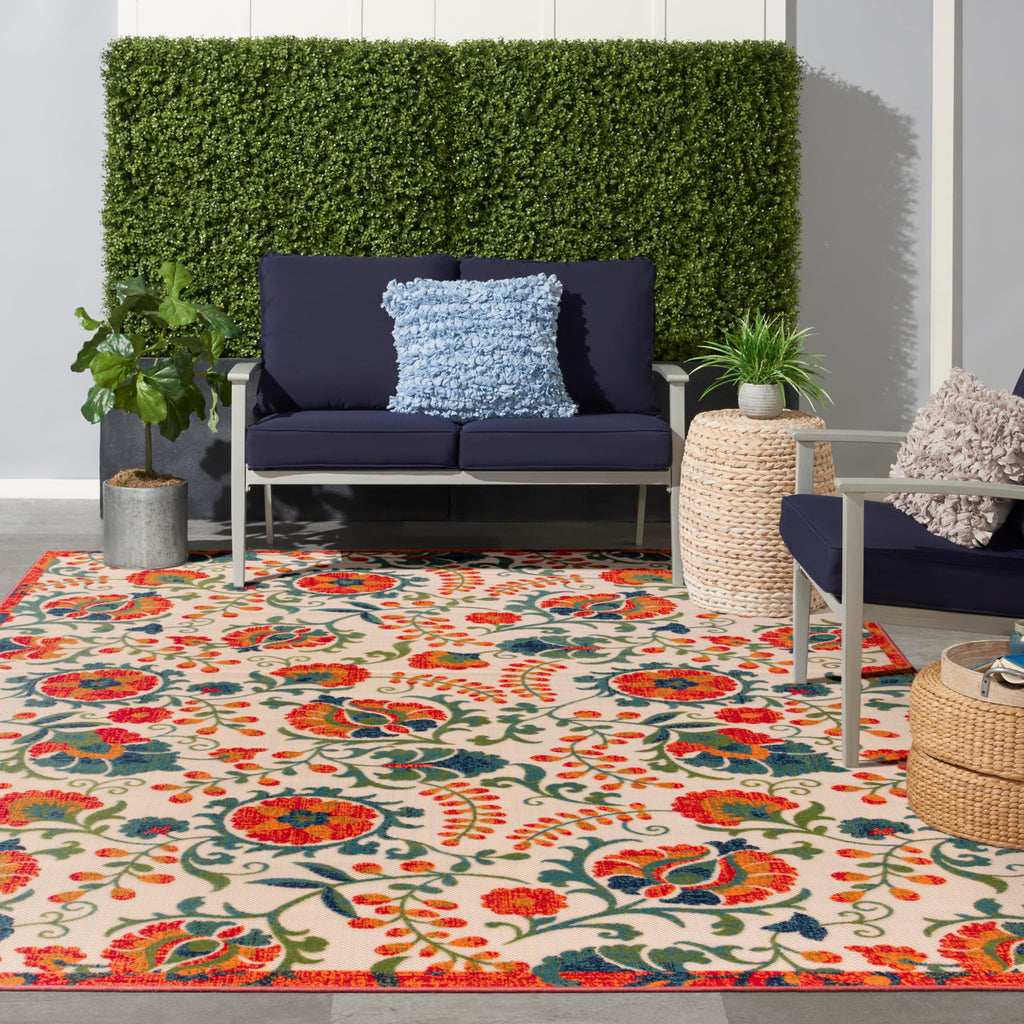 Nourison Aloha Indoor/Outdoor Red Multicolor 9' X 12' Area Rug, Easy Cleaning, Non Shedding, Bed Room, Living Room, Dining Room, Backyard, Deck, Patio (9X12)