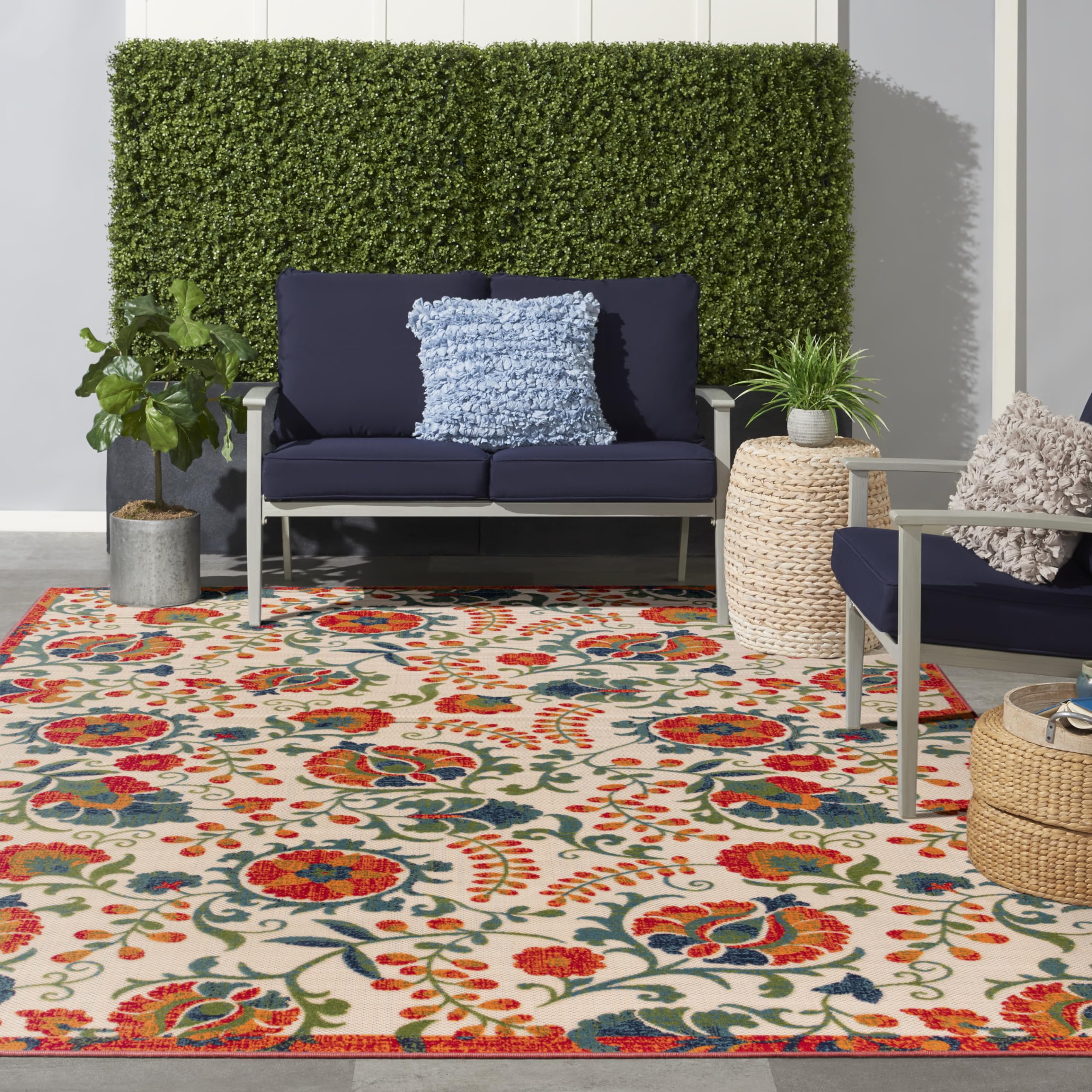 Nourison Aloha Indoor/Outdoor Red Multicolor 9' X 12' Area Rug, Easy Cleaning, Non Shedding, Bed Room, Living Room, Dining Room, Backyard, Deck, Patio (9X12)