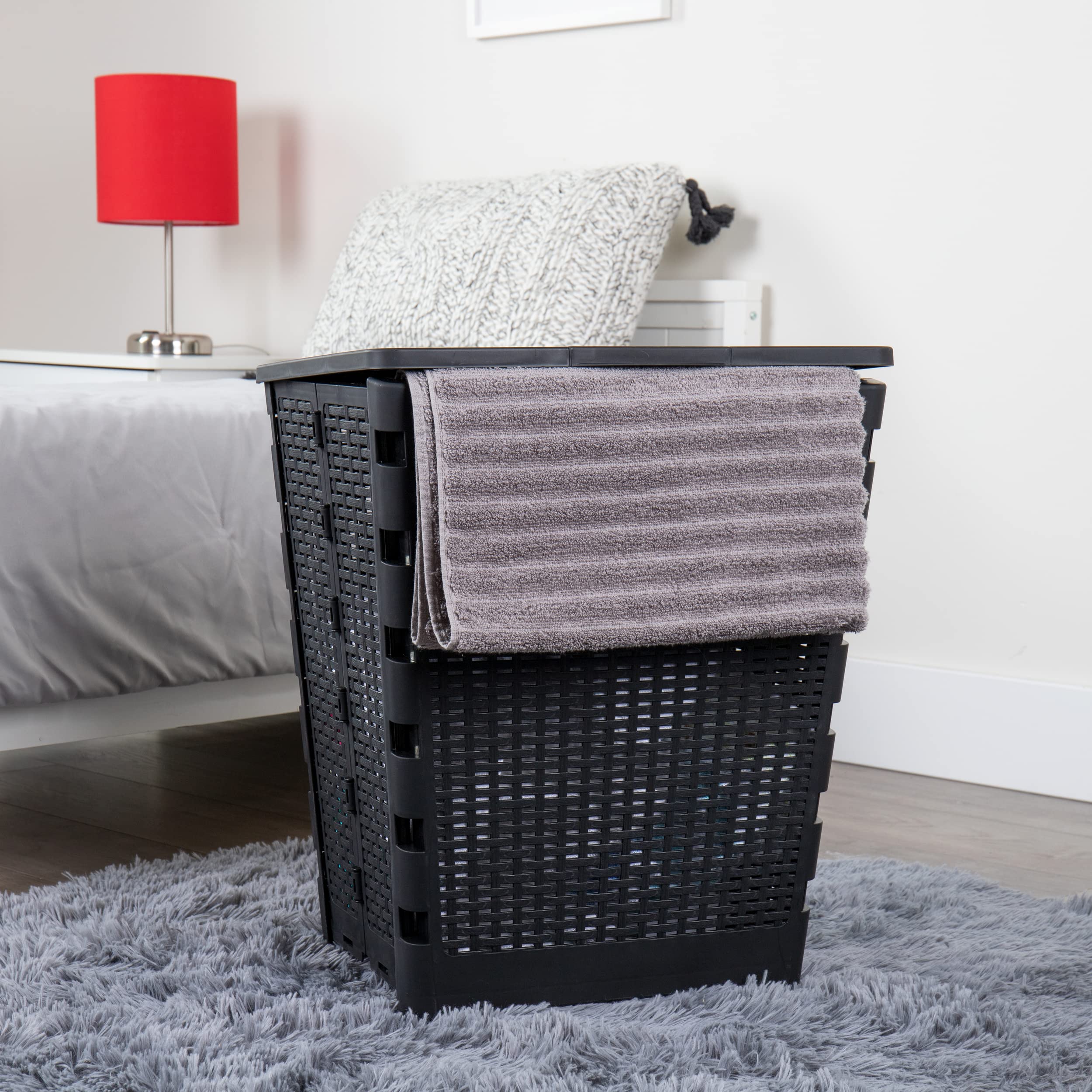Mind Reader 61L Foldable Laundry Hamper, Clothes Basket, Lid, Wicker Design, Plastic, 18''L X 14.5''W X 21.25''H, Black