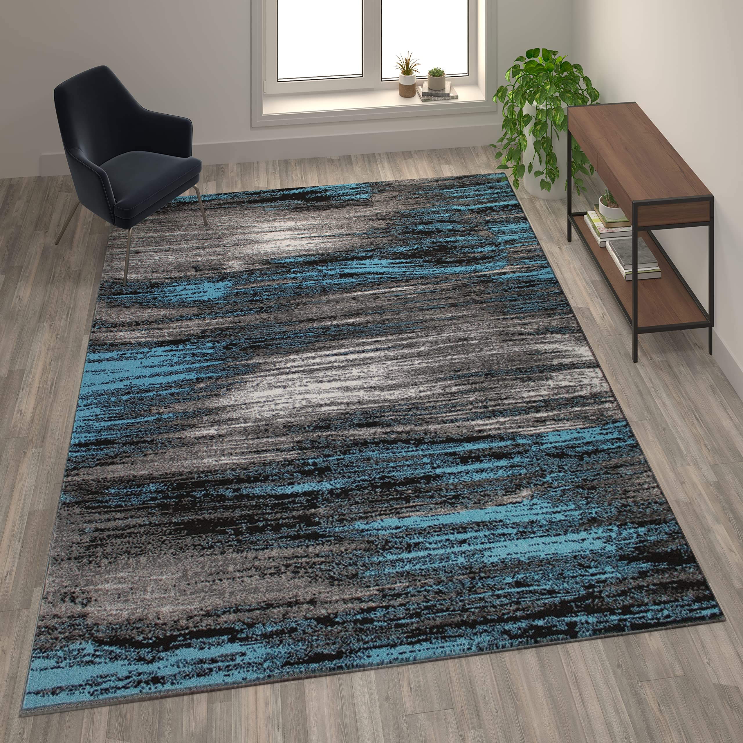 Flash Furniture Rylan Collection Abstract Area Rug - Scraped Design Blue Olefin Rug - 8' X 10' Area Rug - Jute Backing - Living Room, Bedroom, & Family Room