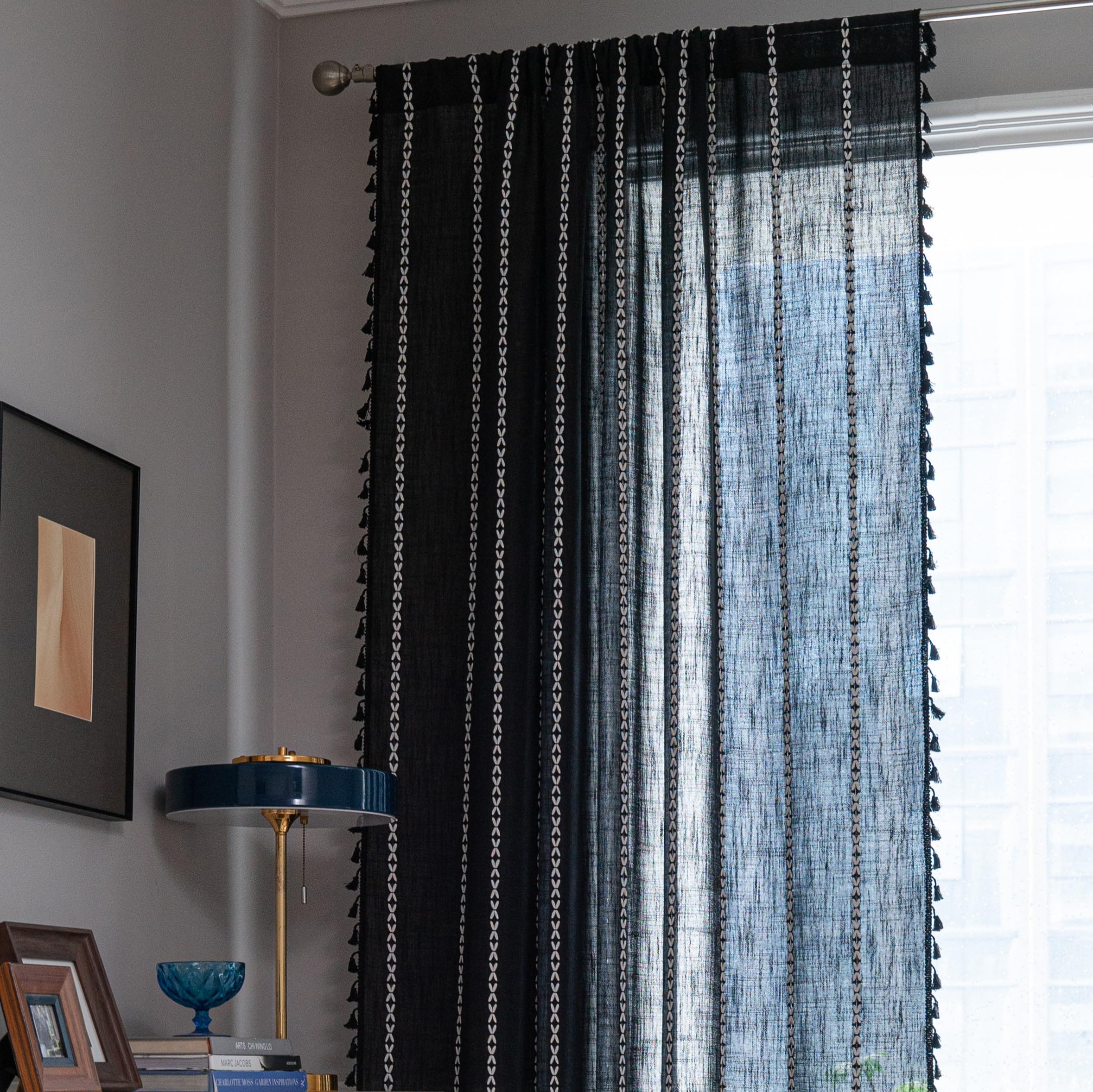 Sutuo Home Boho Curtain For Bedroom, Semi Blackout Linen Farmhouse Shabby Chic Tassels Window Treatment Bohemian Embroidery Drap