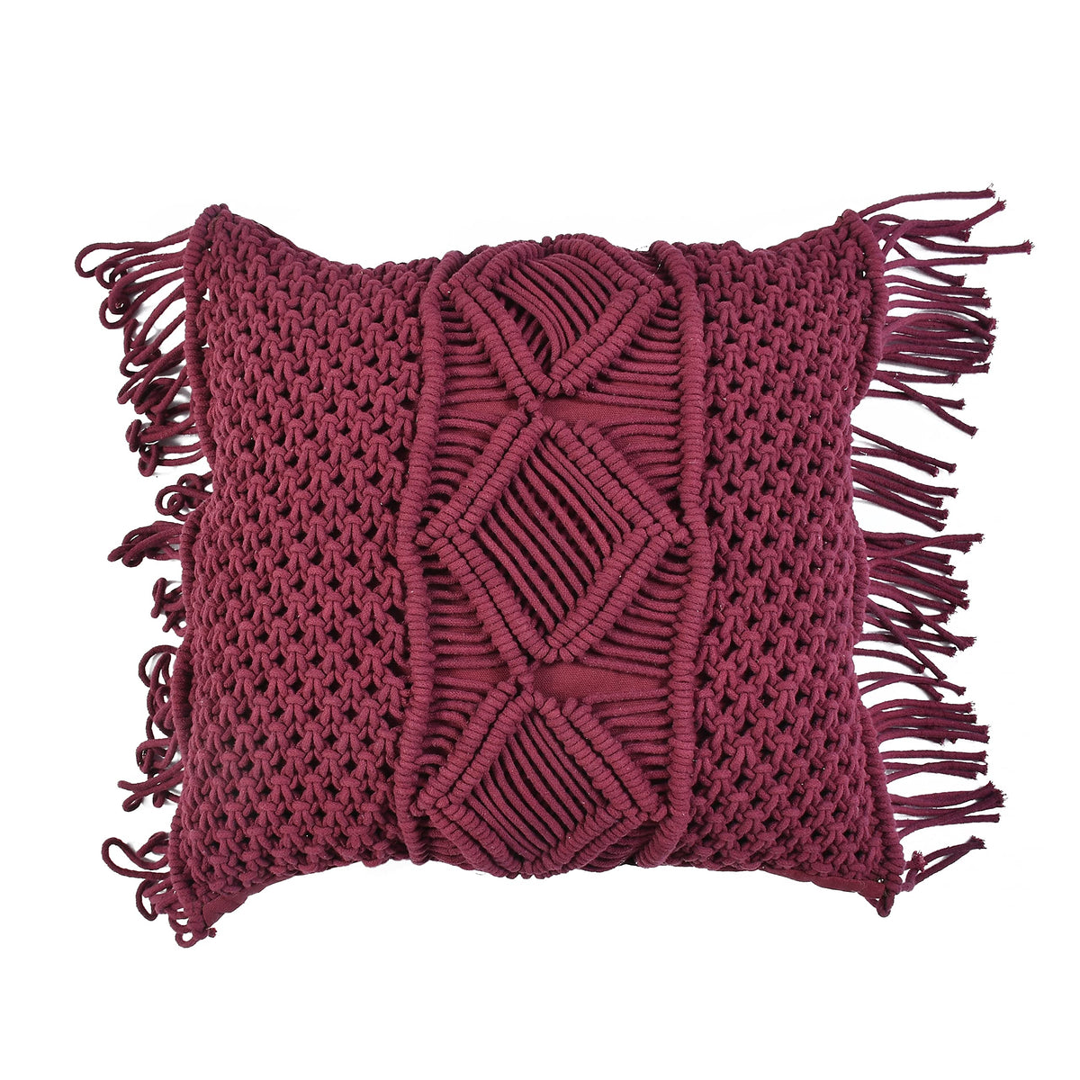 Aashiyana Sajona Cotton Mehrun Colour Macrame Handmade Knit Floor Cushion Throw Pillow Cover (Large  16X16 Inch, Beige) (Design