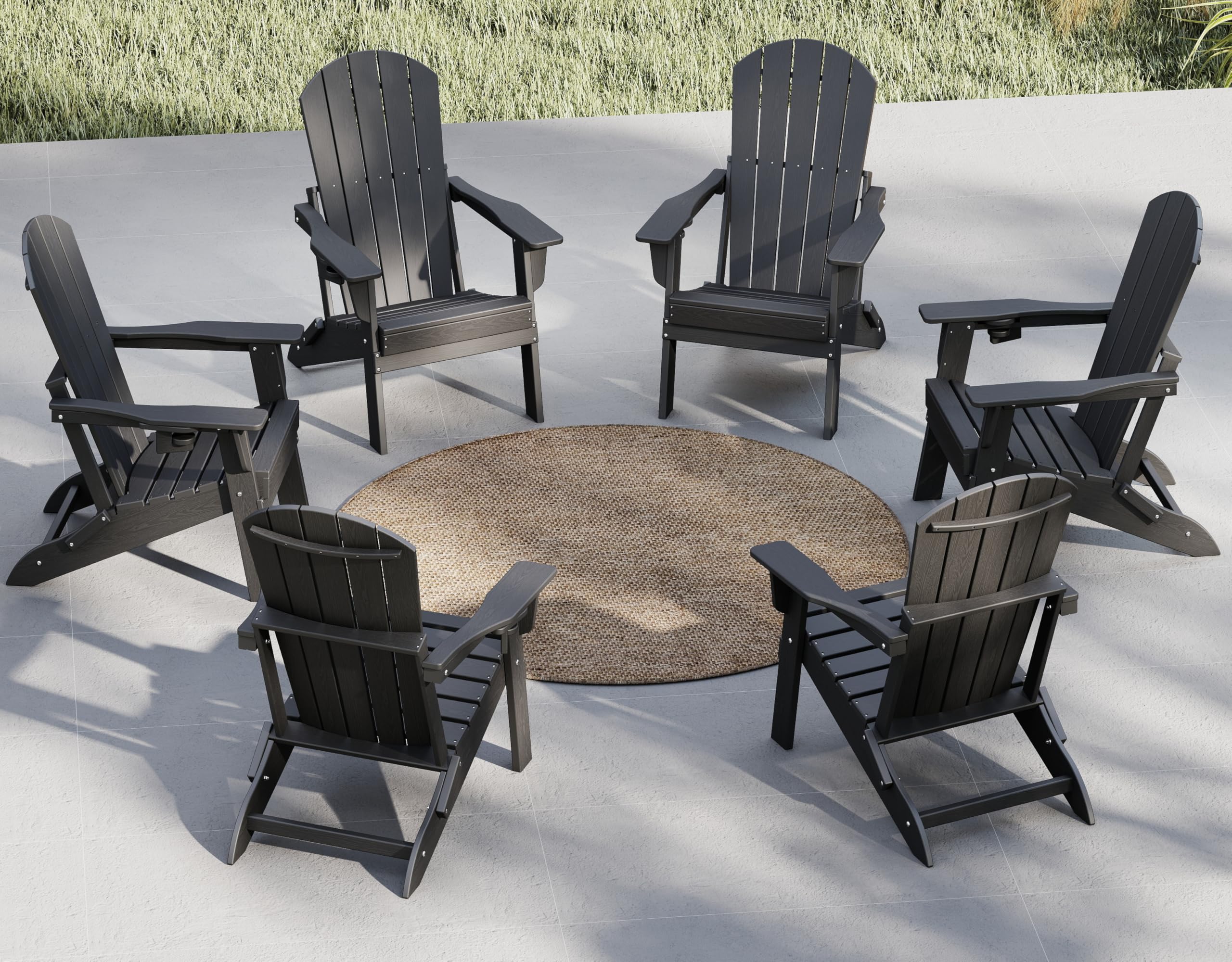 Plawdlik Folding Adirondack Chair Set of 6, Cup Holder,Wooden Textured ,Heavy All-Weather HDPE Comfortable Set Poolside Backyard