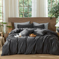 MooMee Wavy Striped Duvet Cover Set 100% Washed Cotton Linen Like Textured Breathable Durable Soft Comfy (Charocal Grey, Palatia