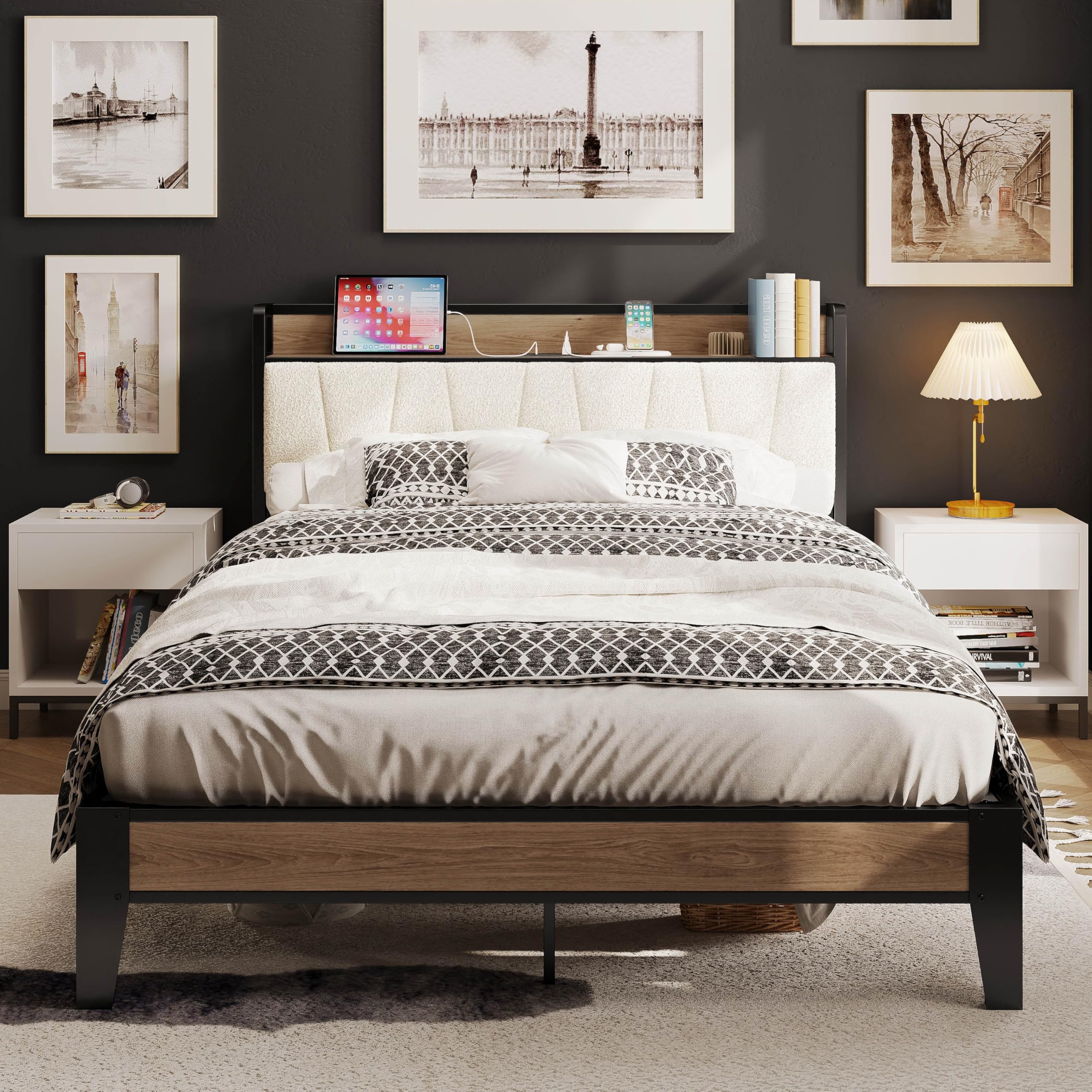 LIKIMIO Full XL Bed Frames, Storage Headboard with Charging Station, Solid and Stable, Noise Free, No Box Spring Needed, Easy As